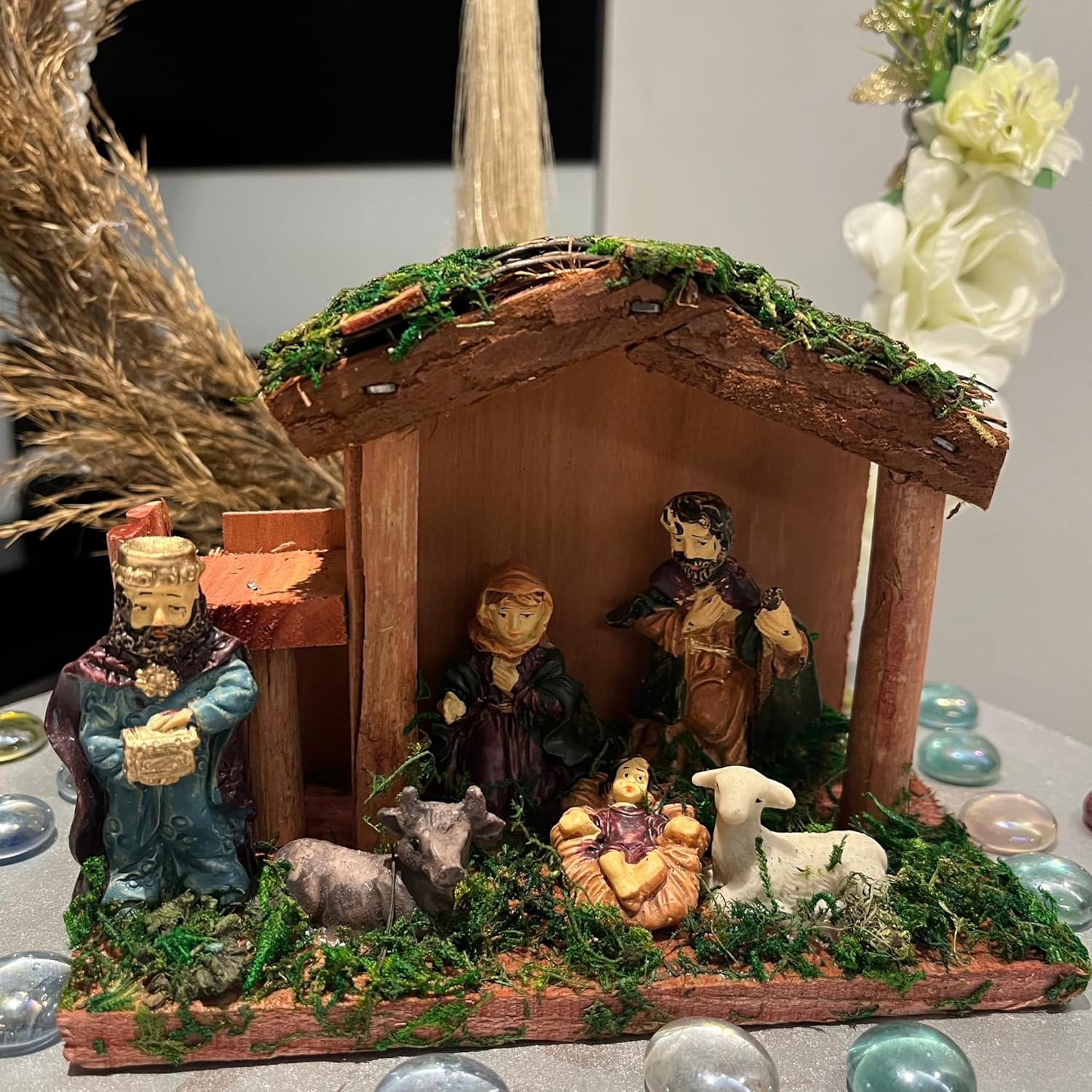 Buy WALLZY Wooden Christmas Crib Set Statues, 4.5 inch Readymade