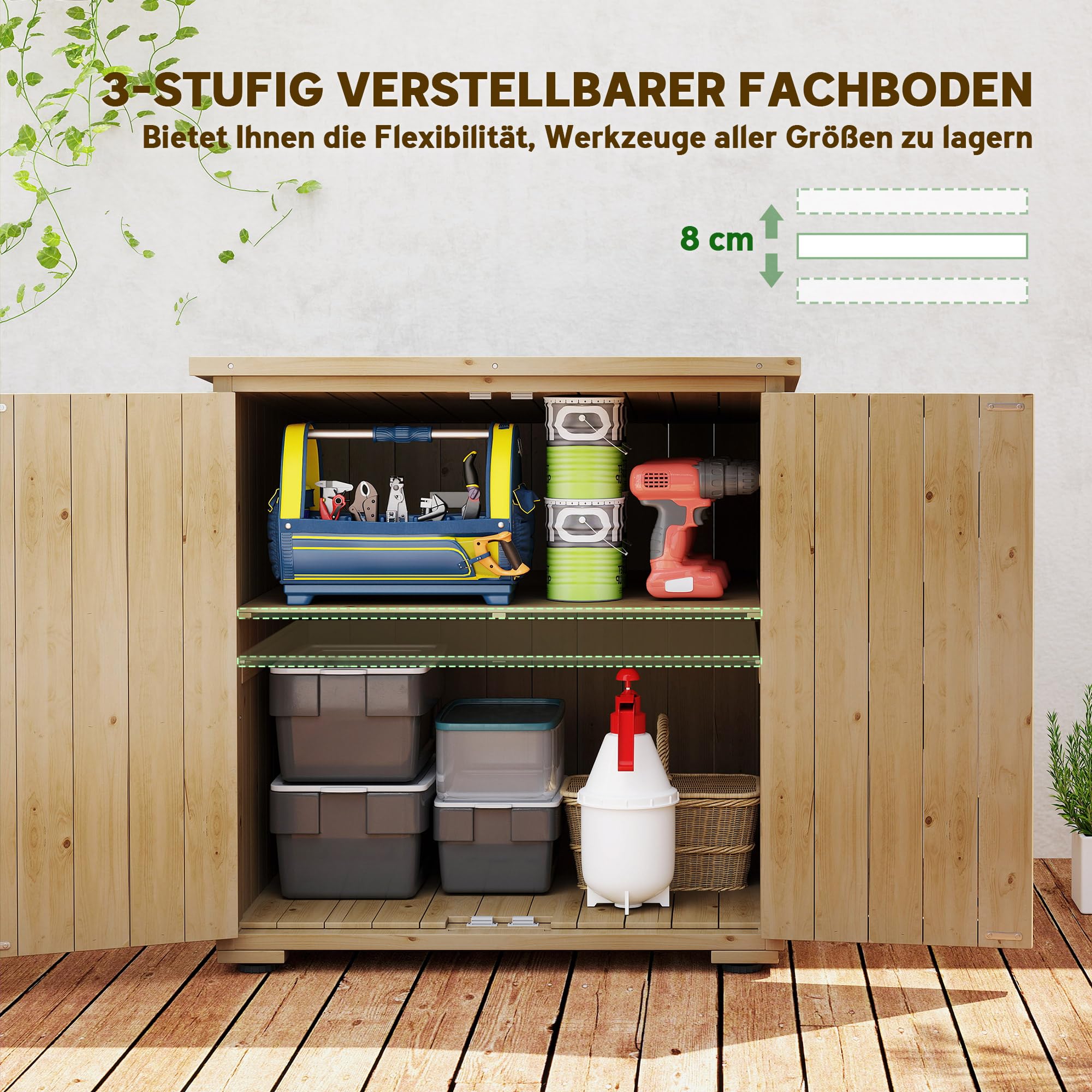 Outsunny Gartenschrank Holz, Geräteschrank, Outdoor wetterfest Geräteschuppen, Holzschrank mit Doppeltür, Mehrzweckschrank für Garten, Balkon, Natur