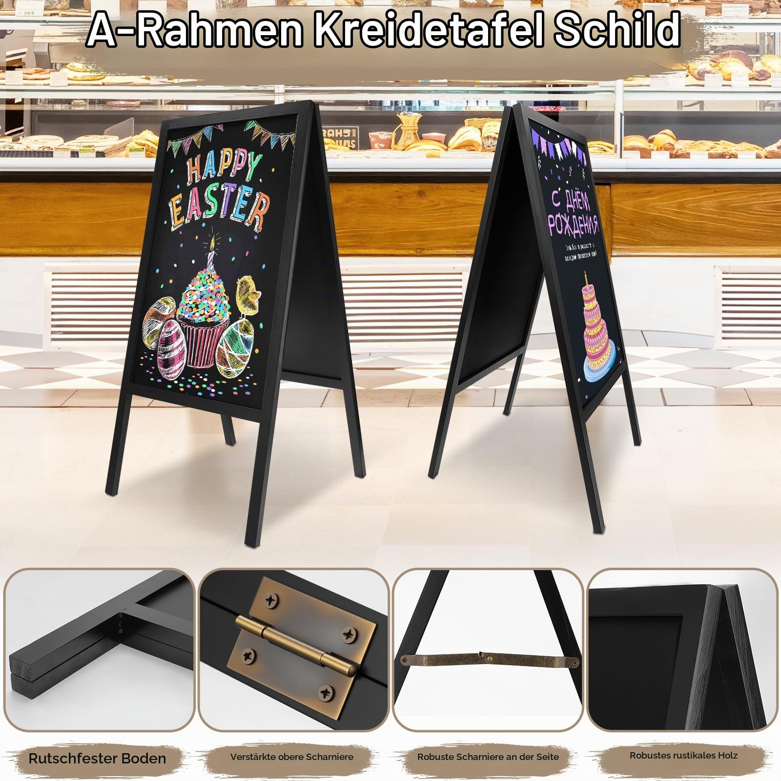 Aufsteller Kreidetafel Kundenstopper mit Holzrahmen 85x41cm, 8 Kreidestifte | Doppelseitig Magnetisch Werbetafel Gehwegaufsteller, Stehtafel Gastro Kreide für Gastronomie, Kleine Geschäfte, Events