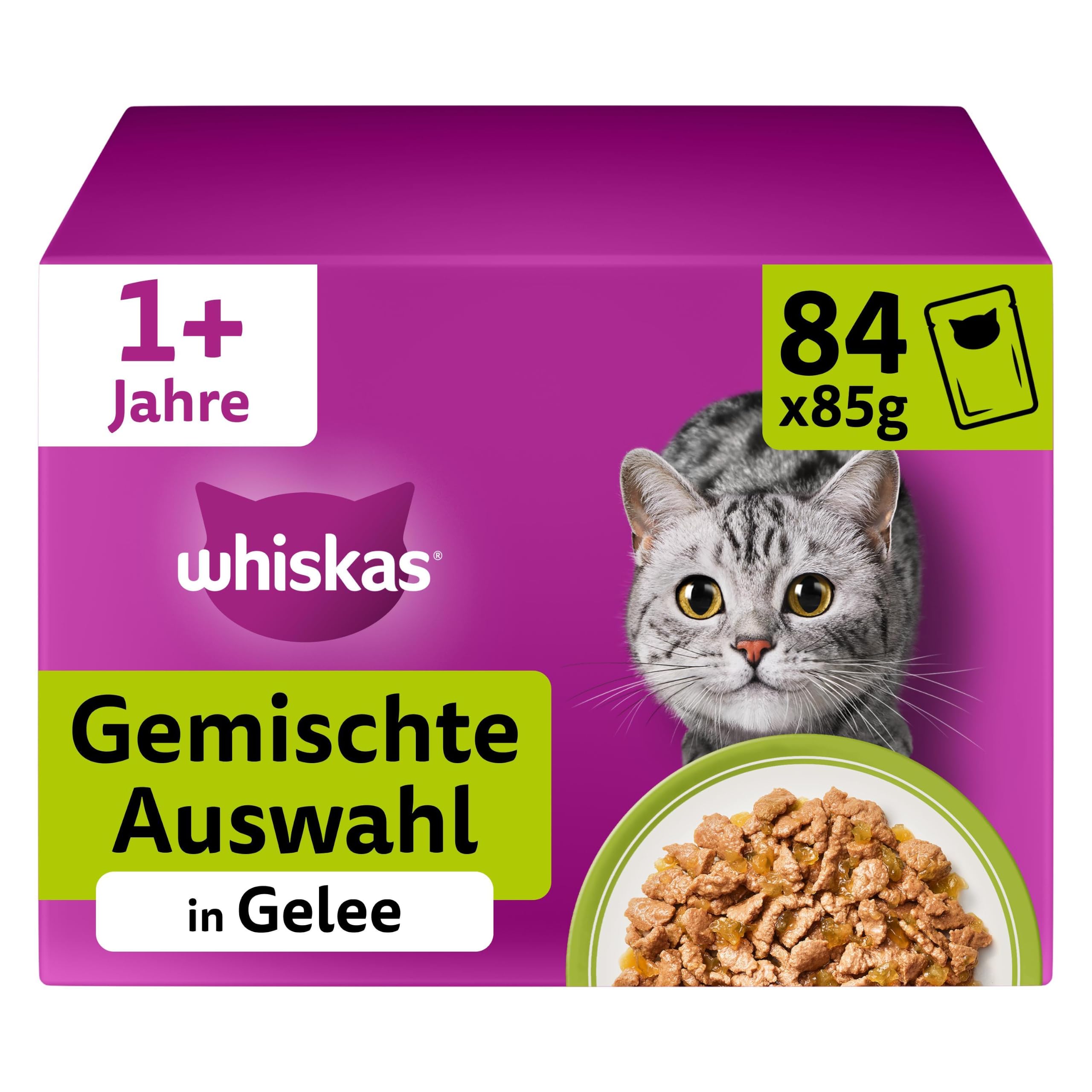 Whiskas Adult 1+ Katzennassfutter Gemischte Auswahl in Gelee, 84 Portionsbeutel, 84x85g (1 Großpackung) – Hochwertiges Katzenfutter nass, für ausgewachsene Katzen