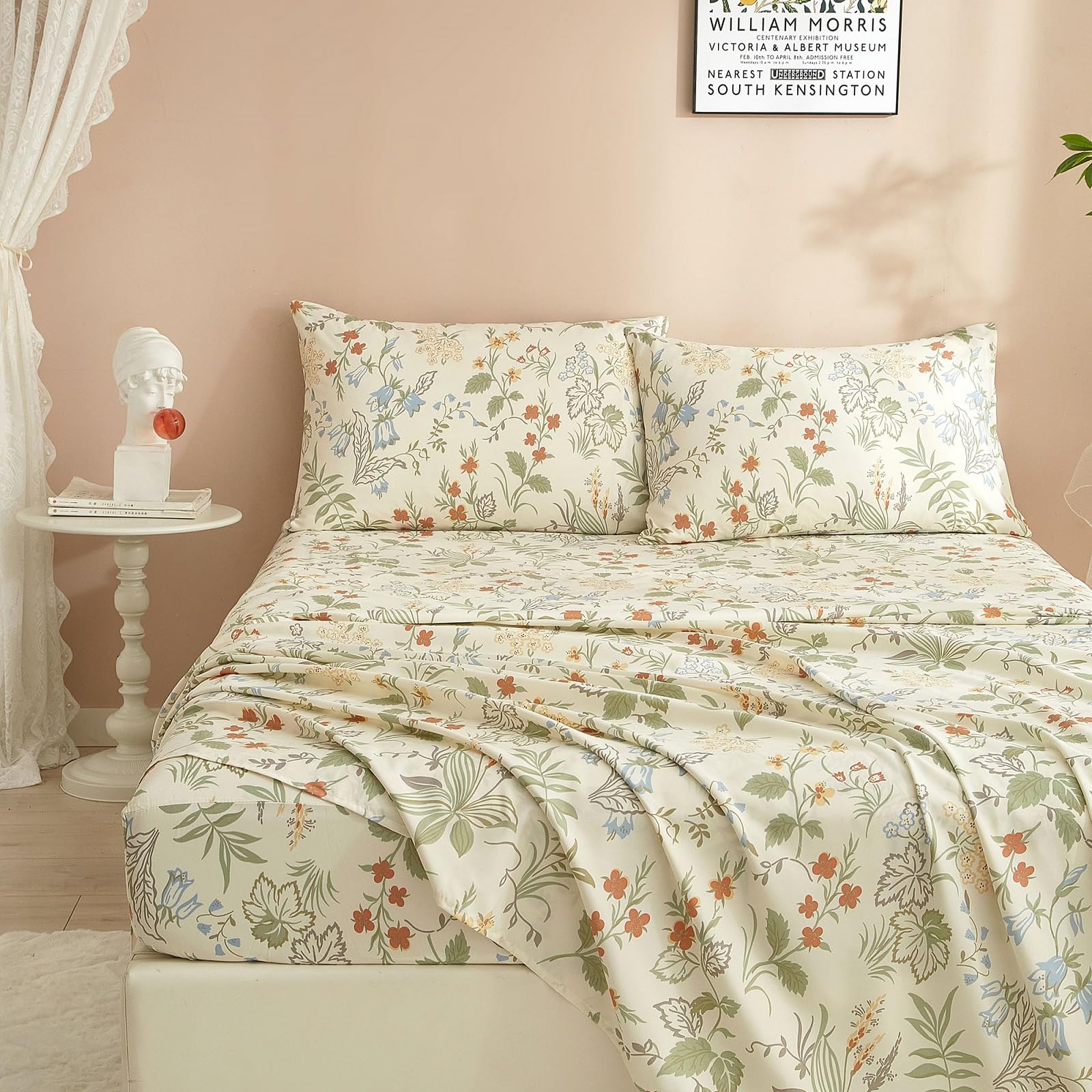 LifeTB Set di lenzuola per letto queen size, stile vintage, motivo floreale botanico, con stampa floreale, con tasca profonda, lenzuola rinfrescanti e traspiranti e federe, set di 4 pezzi di lenzuola