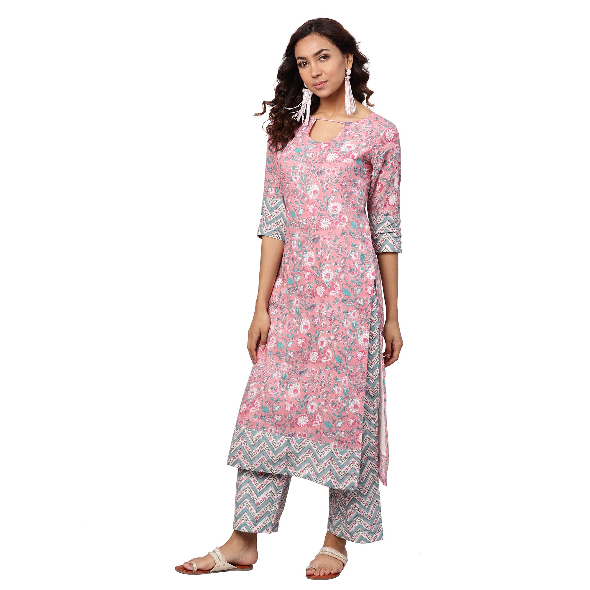 Idalia Women's Turquoise And Pink Floral Printed Straight Cotton Kurta Set With Palazzo Pant