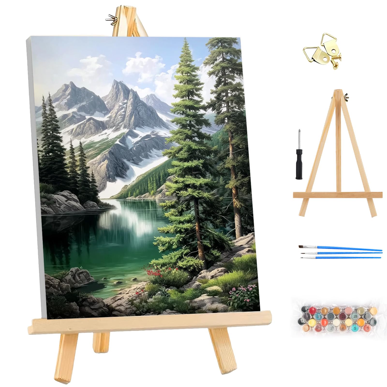 MEIYUDA DIY Paint by Numbers for Adults with Frame & Wooden Easel, Landscape Mountain Arts and Crafts Kit for Adults Beginner, Drawing Paintwork for Home Wall Decor 25x35cm