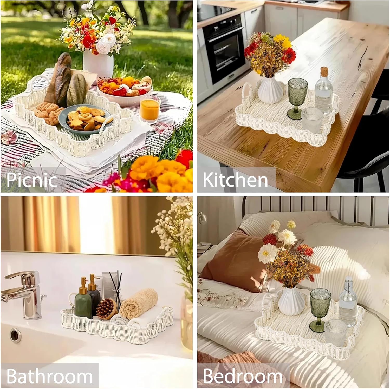 GRANNY SAYS Scalloped Edge Rectangle Serving Tray, Coffee Table Tray, Wicker Serving Trays with Handles, Decorative Tray for Coffee Table, Woven Tray, 15 ¾"×11 ½"×2 ¼", White - Image 6