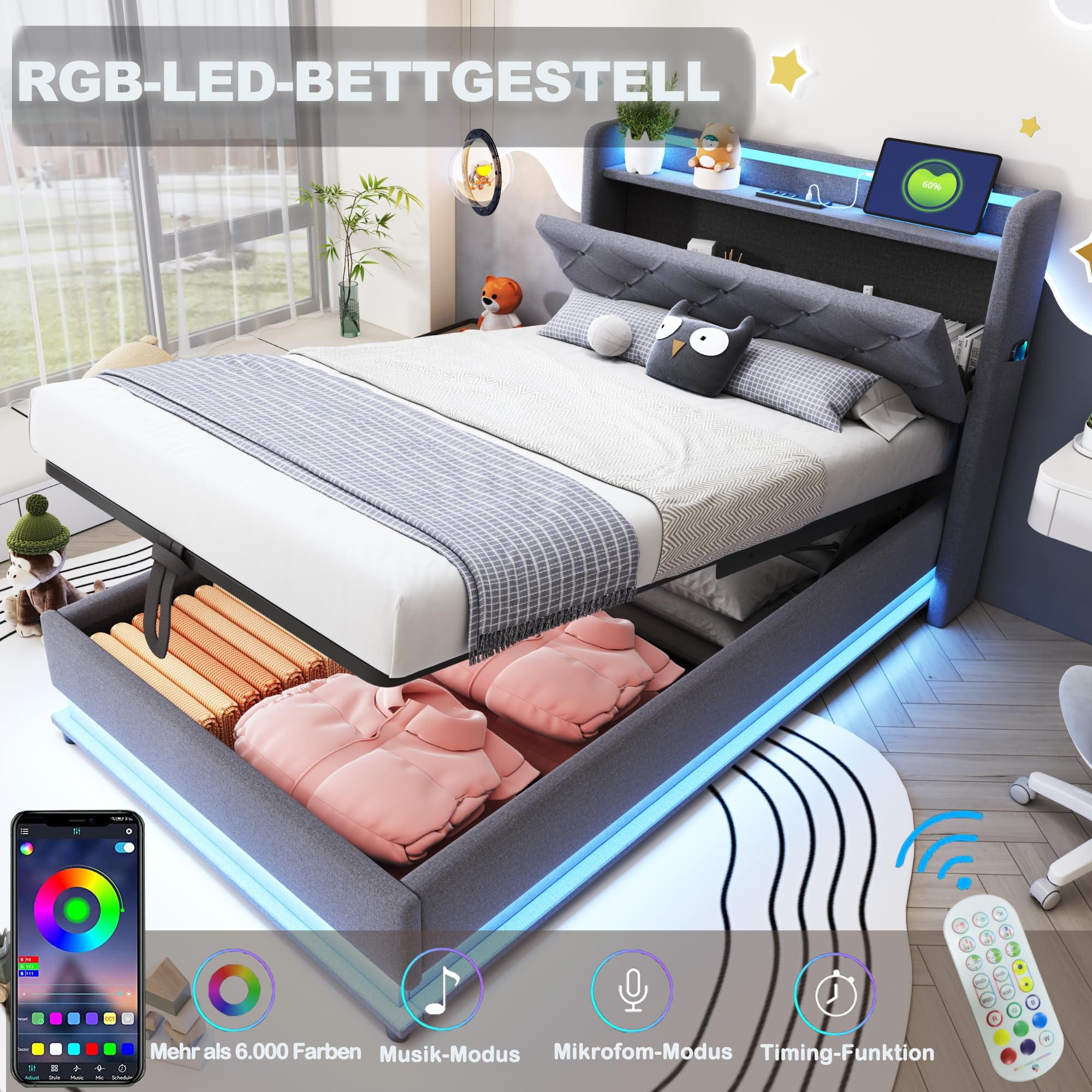 Letto Imbottito 90x200 cm, Letto Singolo per Bambini con LED Luci e USB Porta, Modern Struttura del Letti Idraulico con Contenitore Testiera, Tasca e Rete a Doghe, Lino,Senza Materasso (Grigio)