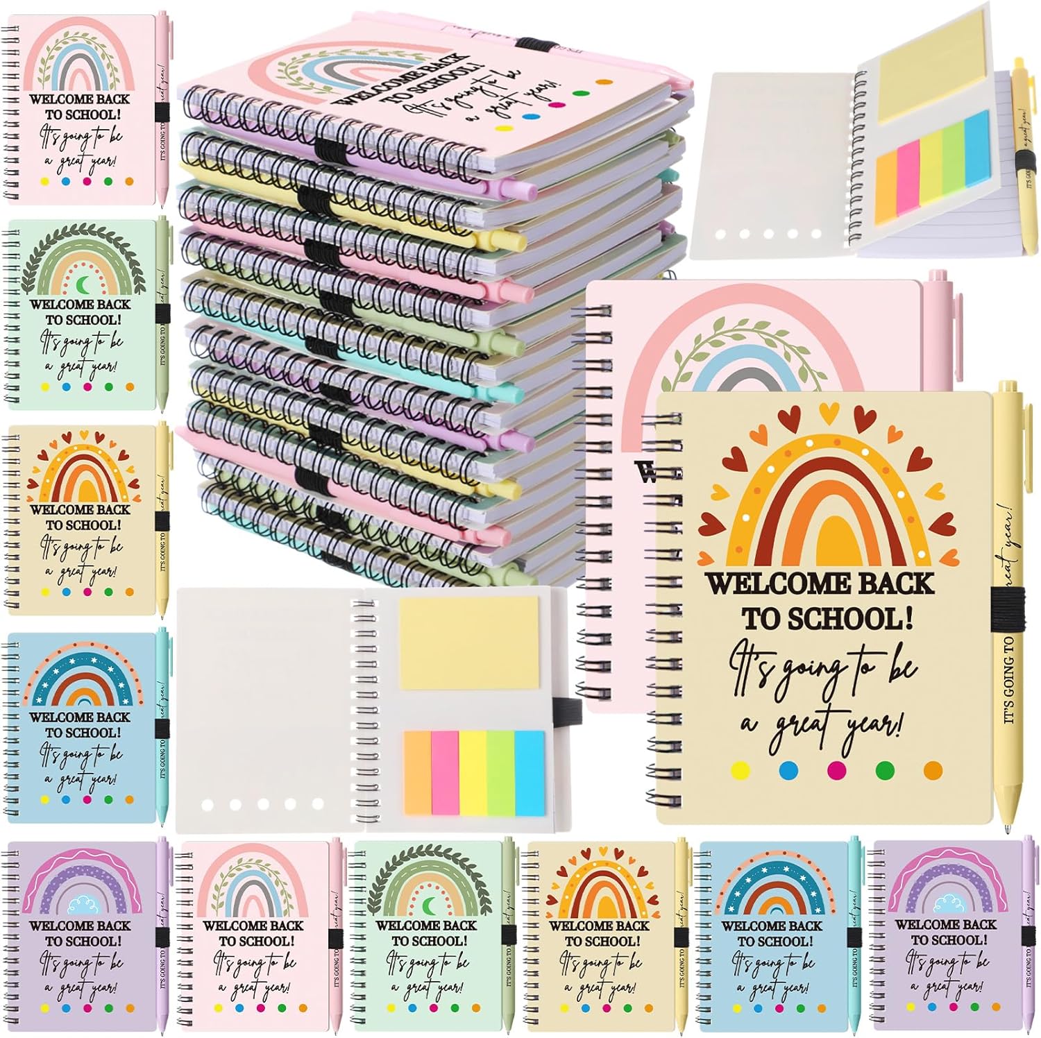 40 Pcs Welcome Back to School Gifts Bulk Spiral Notebooks with Sticky Notes Motivational Pens First Day of School Notepads Party Favor for Teacher Student Classroom(Rainbow,Pastel) 40 Pcs Welcome Back to School Gifts Bulk Spiral Notebooks with Sticky Notes Motivational Pens First Day of School Notepads Party Favor for Teacher Student Classroom(Rainbow,Pastel)