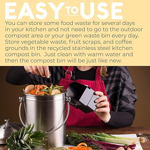 Miniatura 6 de Calificación superior del cesto de basura de acero inoxidable Epica cubeta para abono de 13galón incluye filtro de carbón Blanco, silver