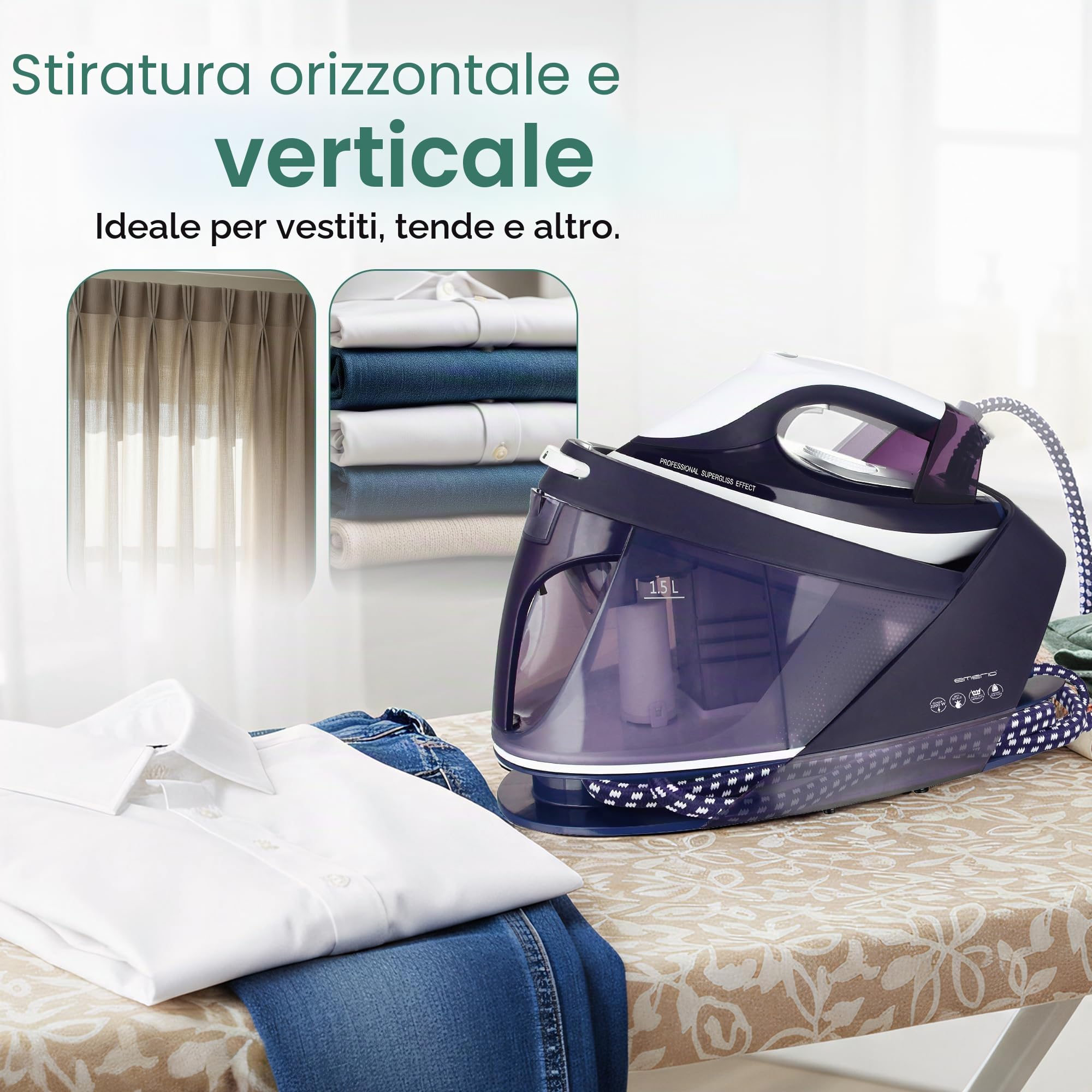 Emerio Ferro da stiro a vapore, 2200 Watt, 5,5 bar, capacità di 1500 ml, potenza massima 200 g, serbatoio rimovibile per una facile ricarica, termostato regolabile, piastra in ceramica | SG-123562