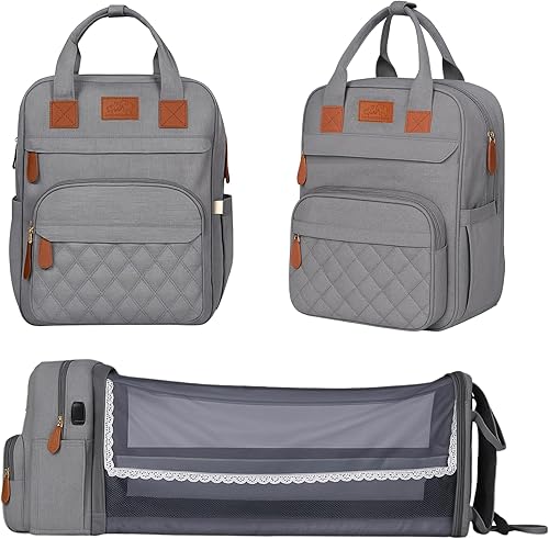 Mochila para pañales con cambiador, puerto de carga USB, bolsillos aislados, mosquitera y parasol, Gris, Grande, Mochila que es el mejor esencial de