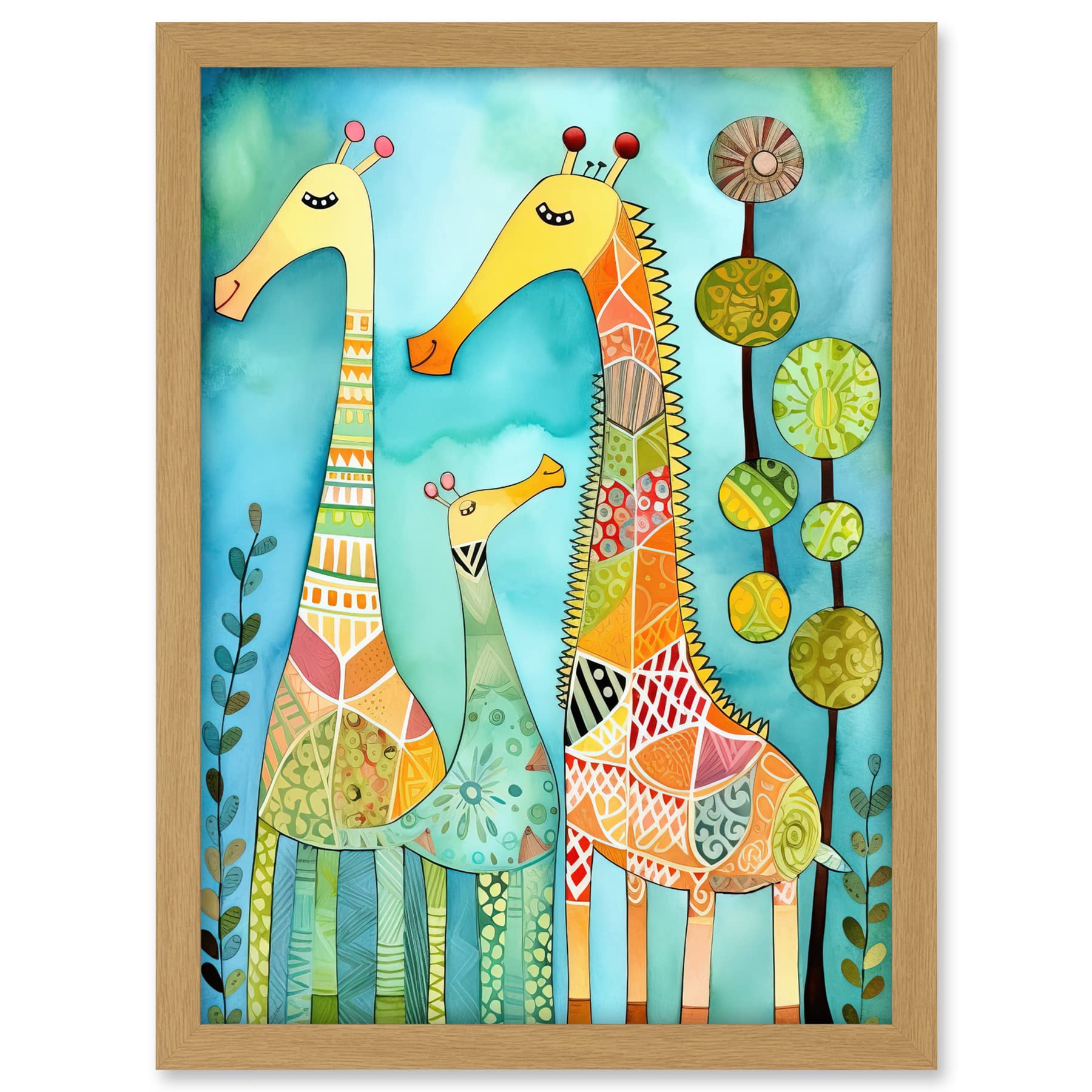 Artery8 Folk Art Giraffes Fun Cute Kids Bedroom Painting Artwork Framed A3 Wall Art Print