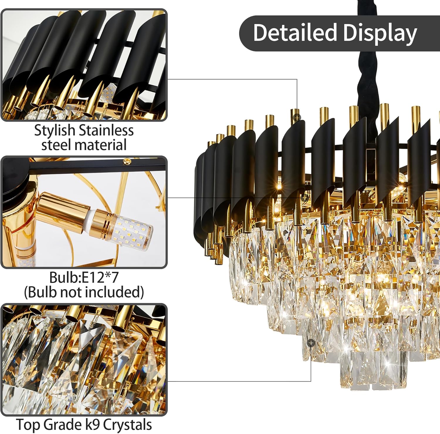 Black Crystal Chandelier, 20 Inch Black and Gold Pendant Light 4-Tier with K9 Crystals Chandeliers for Dining Room, Bedroom, Kitchen Island, Entryway