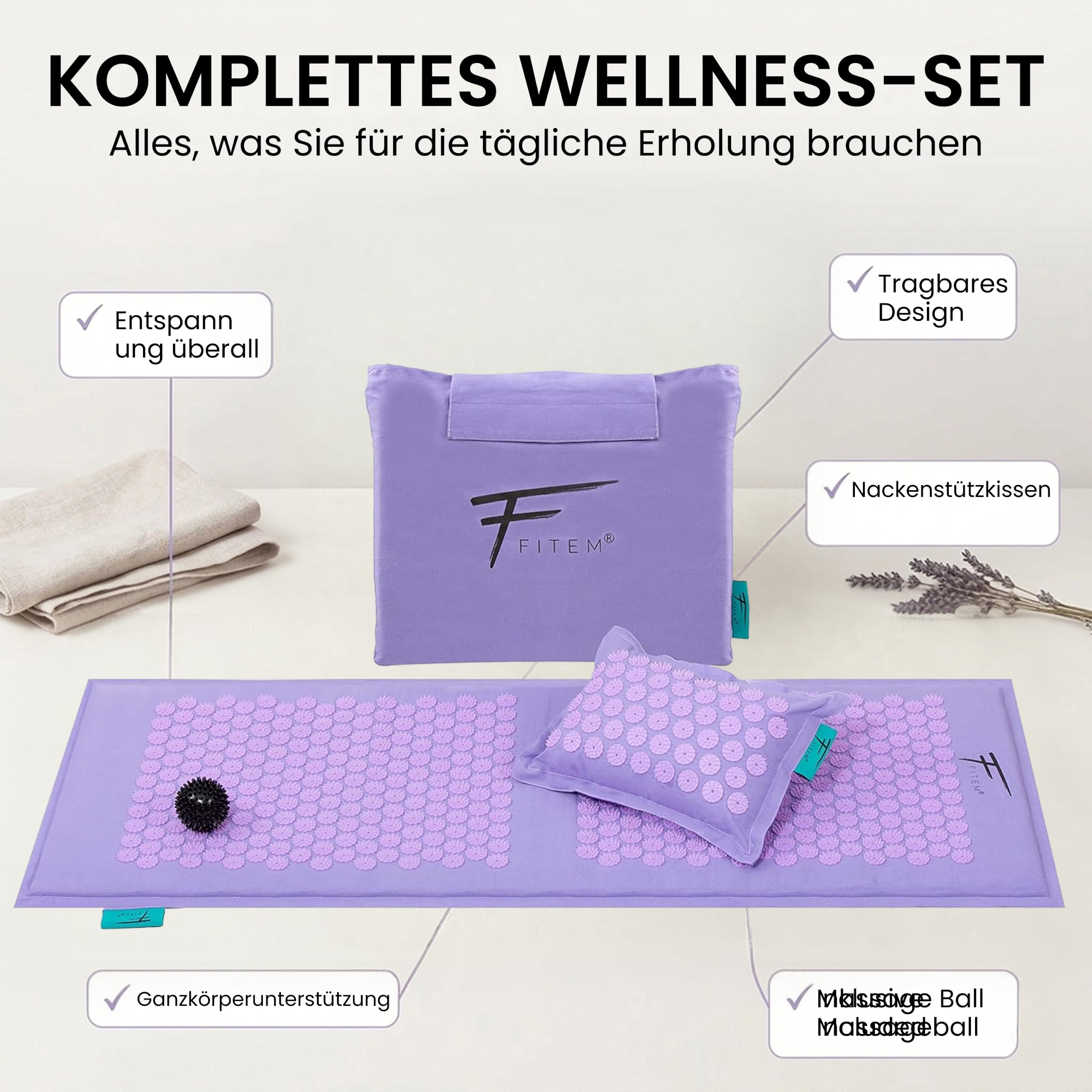 Fitem Akupressurmatte mit Kissen & Ball, 100% Kokos, XL Violett