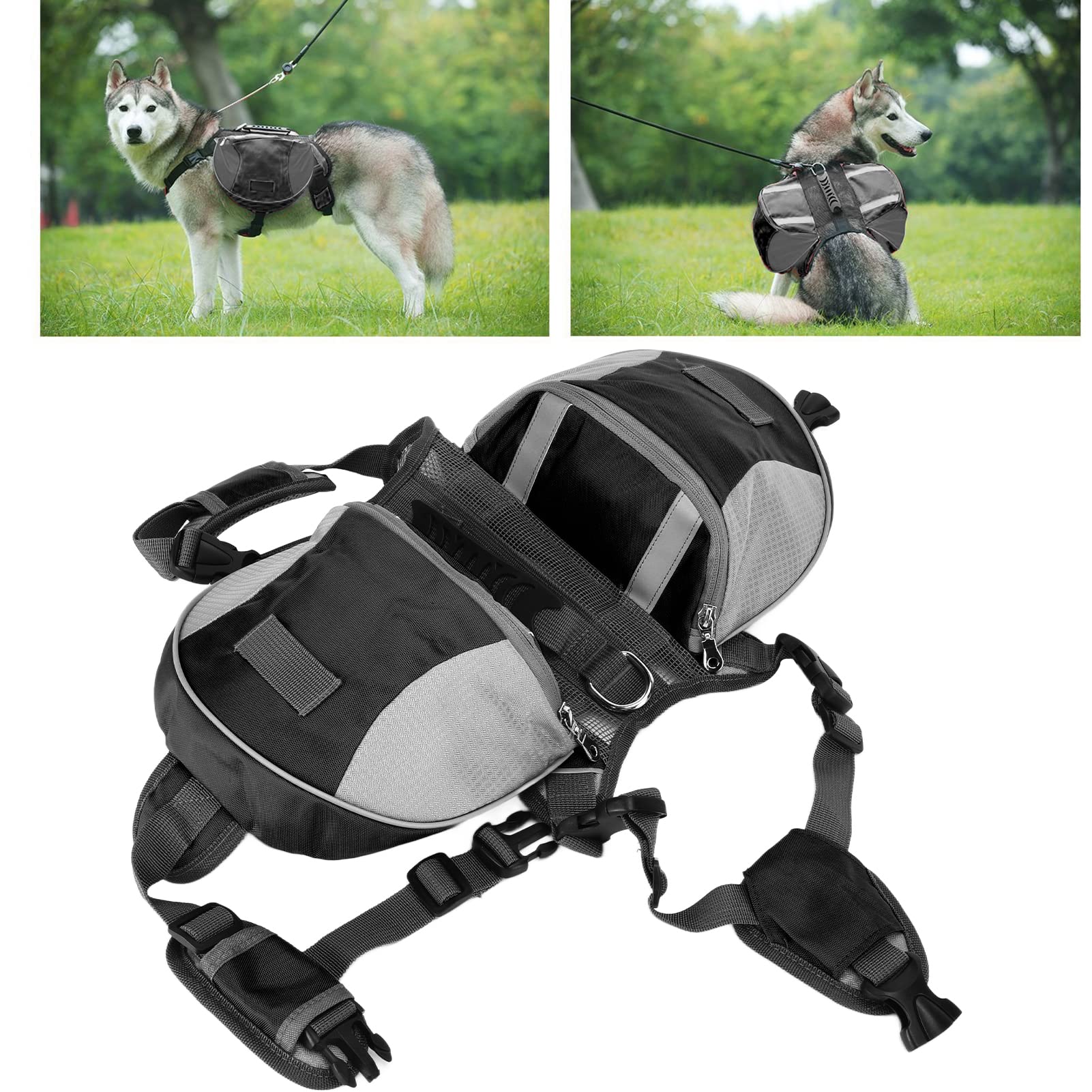 Sac à Dos de Randonnée pour Chien, Sac de Selle pour Chien, Sac à Dos Réglable avec Poches Latérales et Bandes Réfléchissantes pour Chiens de Petite, Moyenne et Grande Taille,