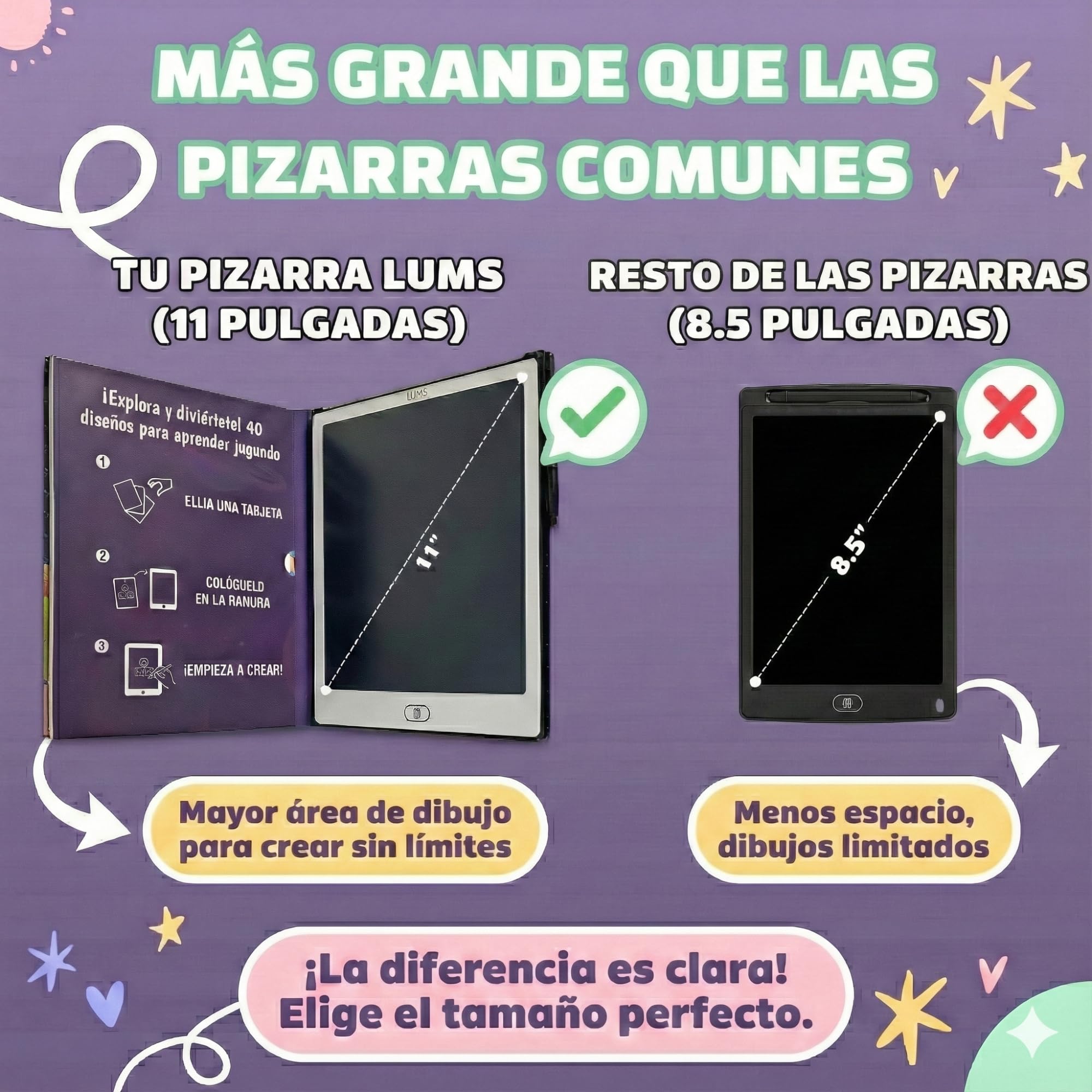 LUMS Pizarra Mágica infantil 11 Pulgadas - 40 Tarjetas con Números, Letras, Figuras y Dibujos - Plantillas Gratis Descargables - Regalo Educativo y Creativo para Niños 3-6 Años - Juguete Montessori