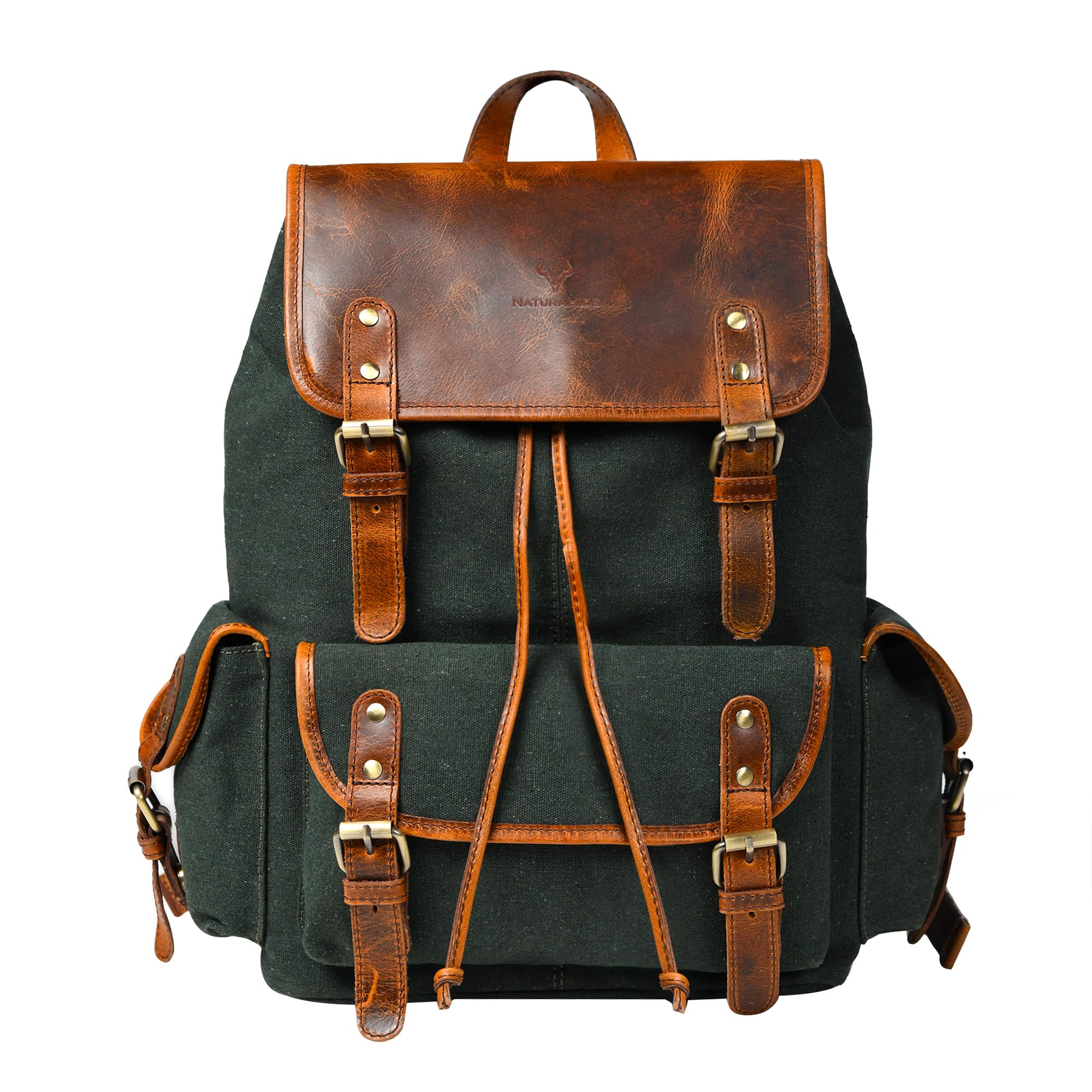 Leather Canvas Backpack Durable Vintage Large Travel Laptop Bag for Men Women Work Hiking School Oily Green