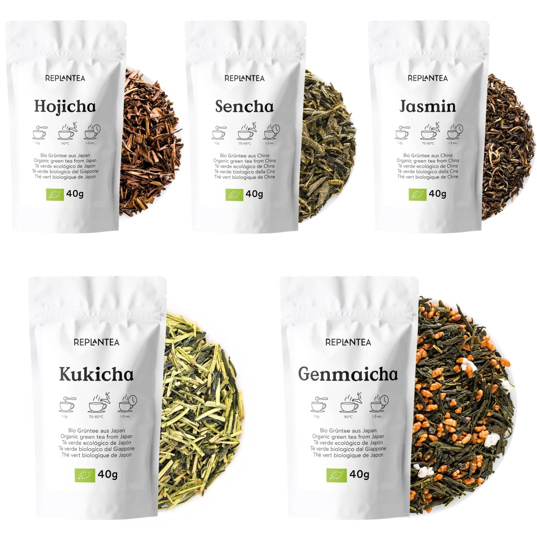 TÉS VERDES ECOLÓGICOS Pack de 5 Tés Premium a Granel 200g (+100 Tazas) | Kukicha, Genmaicha, Sencha, Hojicha y Jazmín REPLANTEA