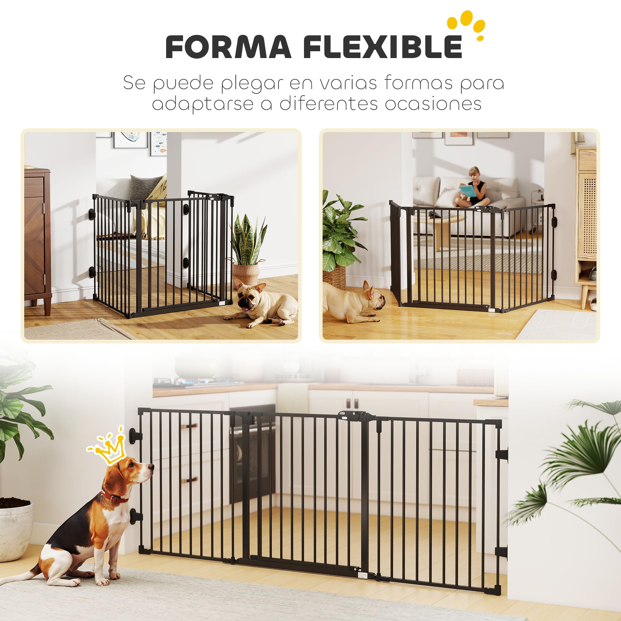 PawHut Barrera de Seguridad para Perros 202,5 cm Valla para Perros Plegable Rejilla de Protección de Chimenea con Puerta Auto Cierre para Escalera Pasillo Negro