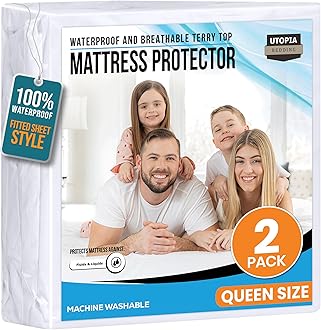 Waterproof Mattress Protector Queen Size 2 Pack, Premium 200 GSM Terry Mattress Cover, Soft & Breathable Bed Cover, Fitted Sheet Style with Stretchable Deep Pockets 17" (White)