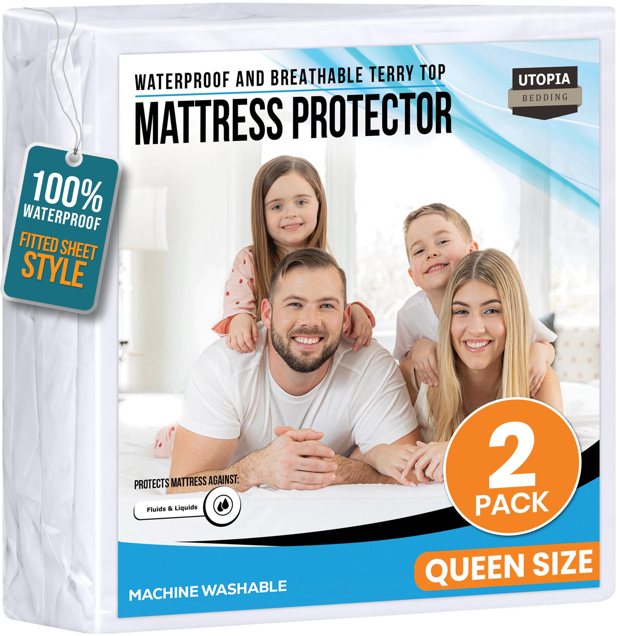 Waterproof Mattress Protector Queen Size 2 Pack, Premium 200 GSM Terry Mattress Cover, Soft & Breathable Bed Cover, Fitted Sheet Style with Stretchable Deep Pockets 17" (White)