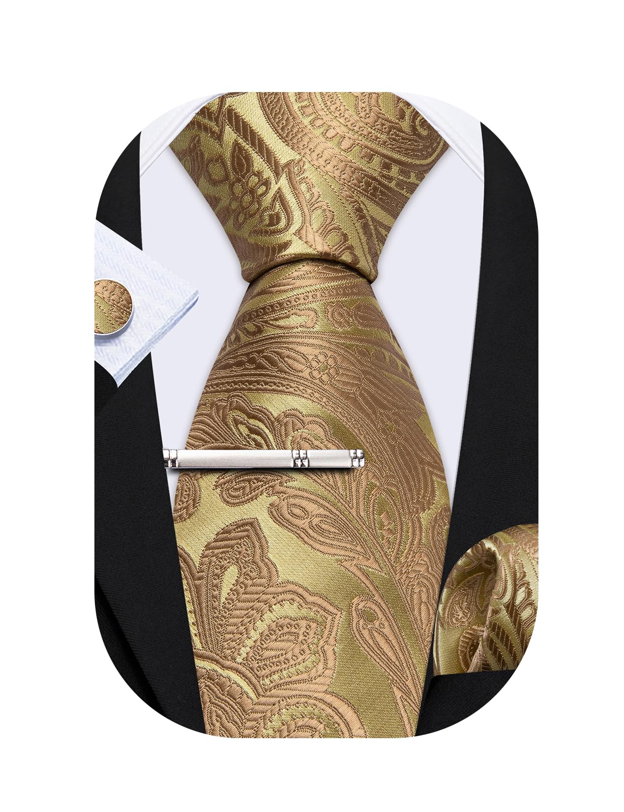 Barry.Wang Corbatas de cachemira de seda para hombre con pañuelo, gemelos, juego de corbata, boda solemne, 3 unidades, dorado, Talla única
