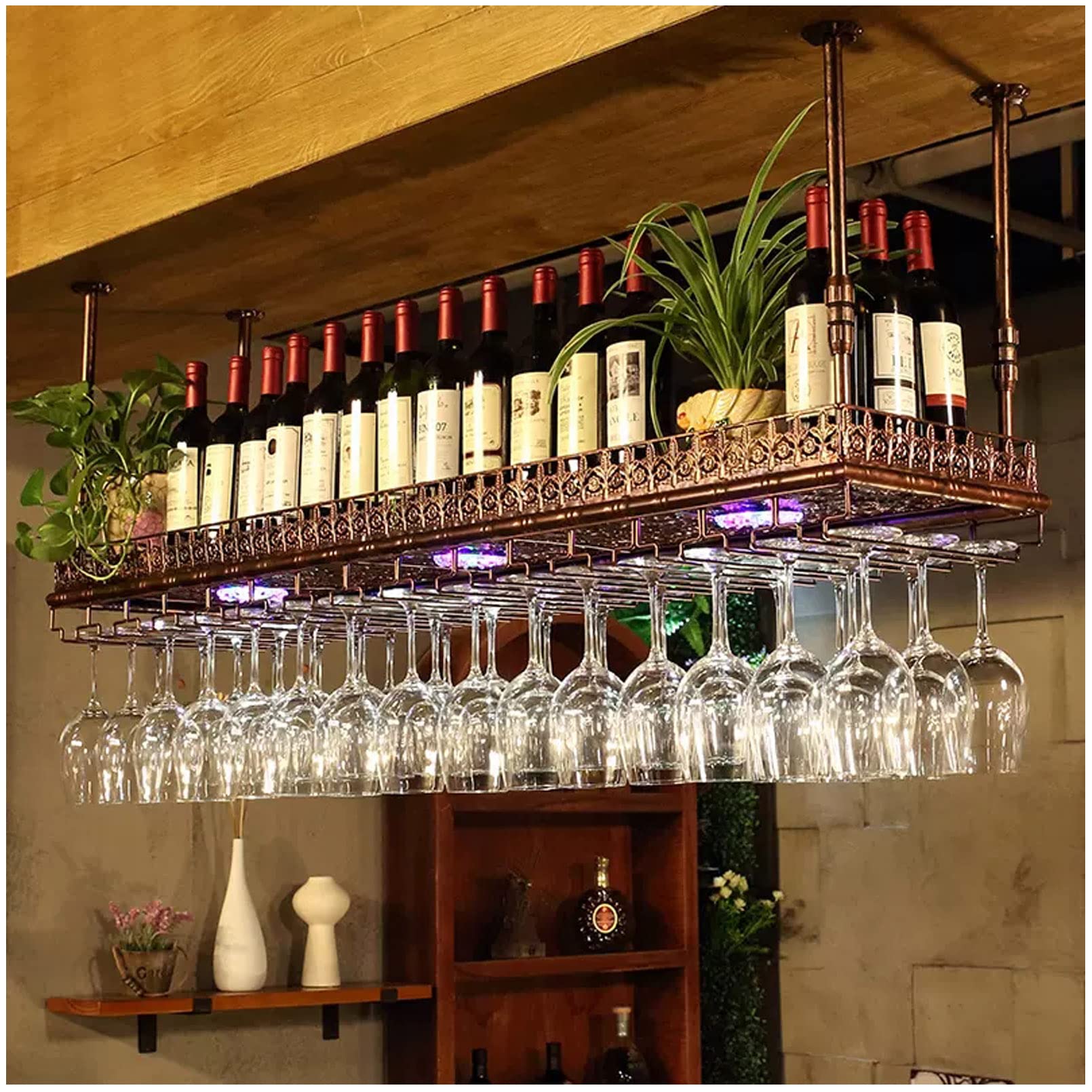 ZQFHSX Hanging Wine Rack with Metal Ceiling Glass Holder,Hanging Bottle Holder,Display Storage Holder, for Bar Cafe Kitchen
