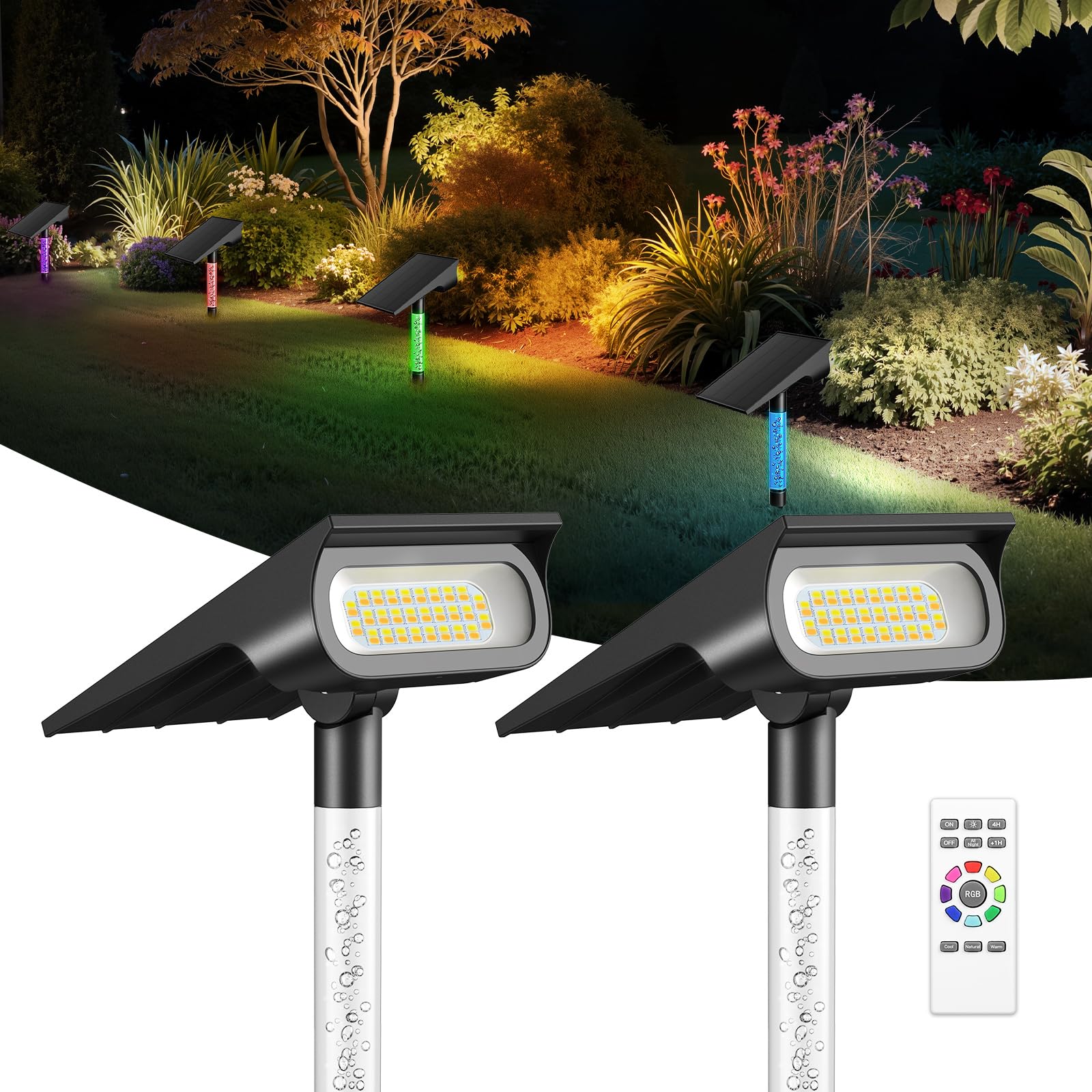 INTELAMP Faretti Solari da Esterno, 3 Colori di Luce Regolabili (Picchetto) | 4000mAh Batteria,Impermeabile IP65,Ideale per Giardino, Cortile, Sentieri, Cespugli