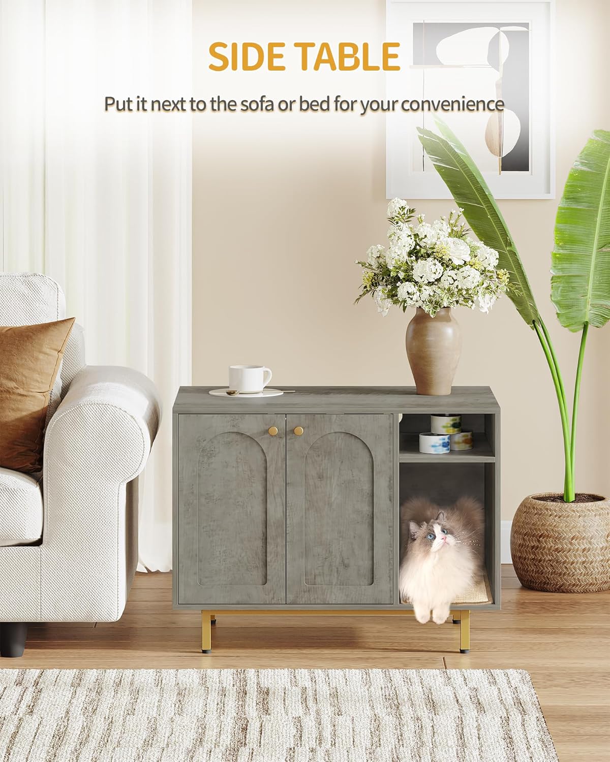 Hzuaneri Cat Litter Box Enclosure Enclosed, Hidden Litter Box Cabinet Furniture with Storage, Wooden Indoor Cat House Large, Modern End Table for Living Room Entryway, Greige and Gold CB01505G