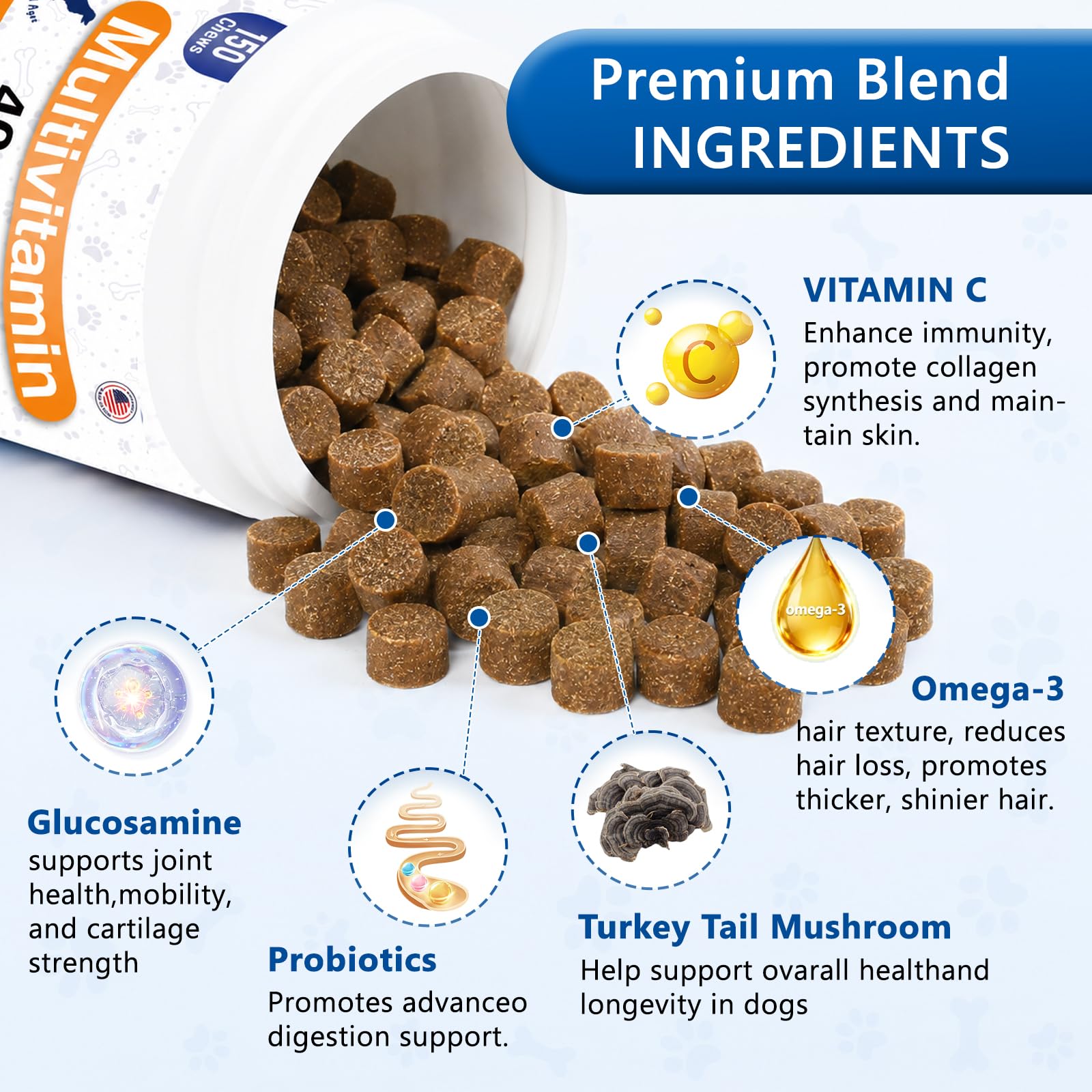 Dog Multivitamin Chews 150ct 40-in-1 Dog Vitamins and Supplements Chewable Contain Probiotics Omega-3 Glucosamine, Multivitamin for Dogs Skin Coat Heart Joint Liver Brain Eyes Immune Support — Amazon image 3