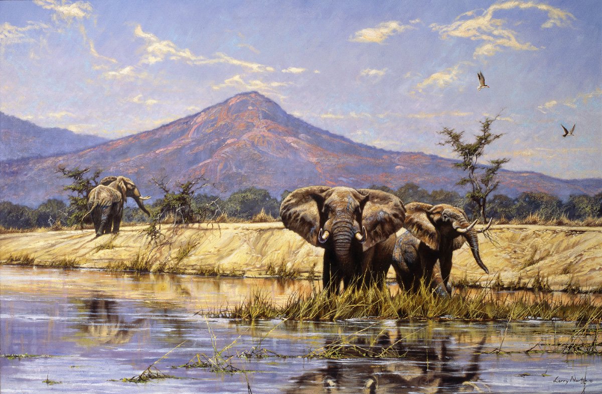 Impresión "Zambezi Bulls, elefante" por la famosa artista zimbabuense LARRY NORTON - Impresión Giclée en lienzo - Impreso y enviado desde África - Vendedor aprobado