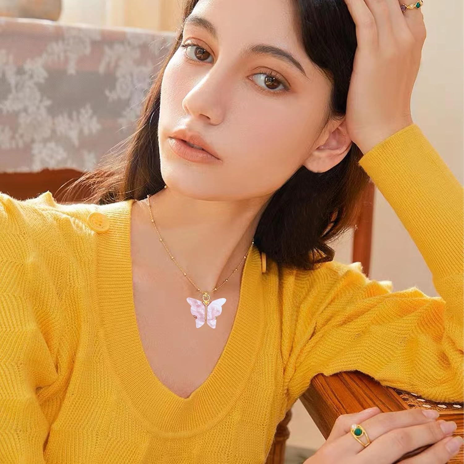 Acrylic Butterfly Hoop Huggie Earrings Alloy Colorful Butterfly Dangle Earrings for Women Necklace Set Statement Jewelry - Image 3