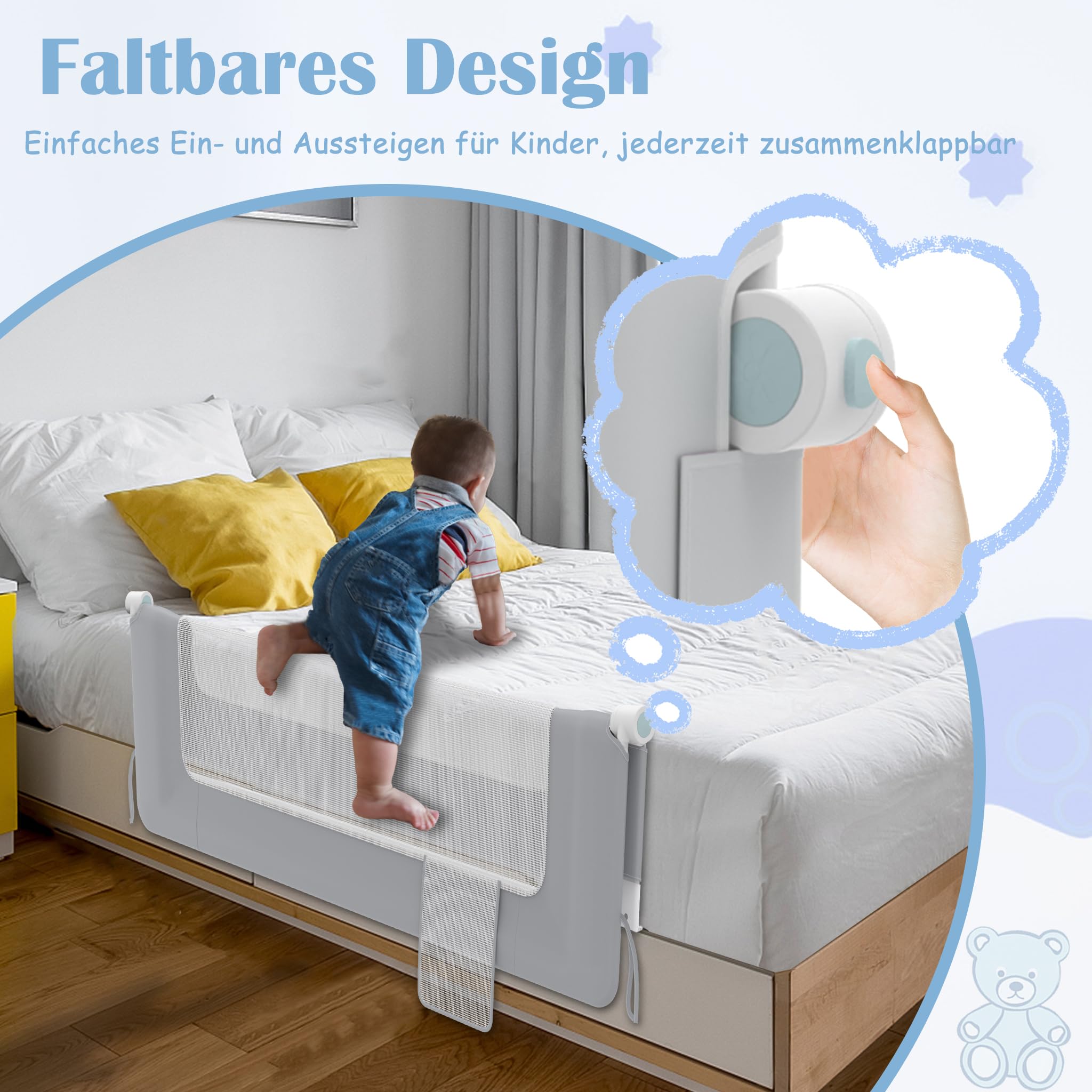 NAIZY Rausfallschutz Bett Rail 180cm Klappbar Bettgitter Baby mit Aufbewahrungstaschen, Bettschutzgitter Höhenverstellbar Kinderbettgitter für Kinderbetten, Elternbetten (Grau)