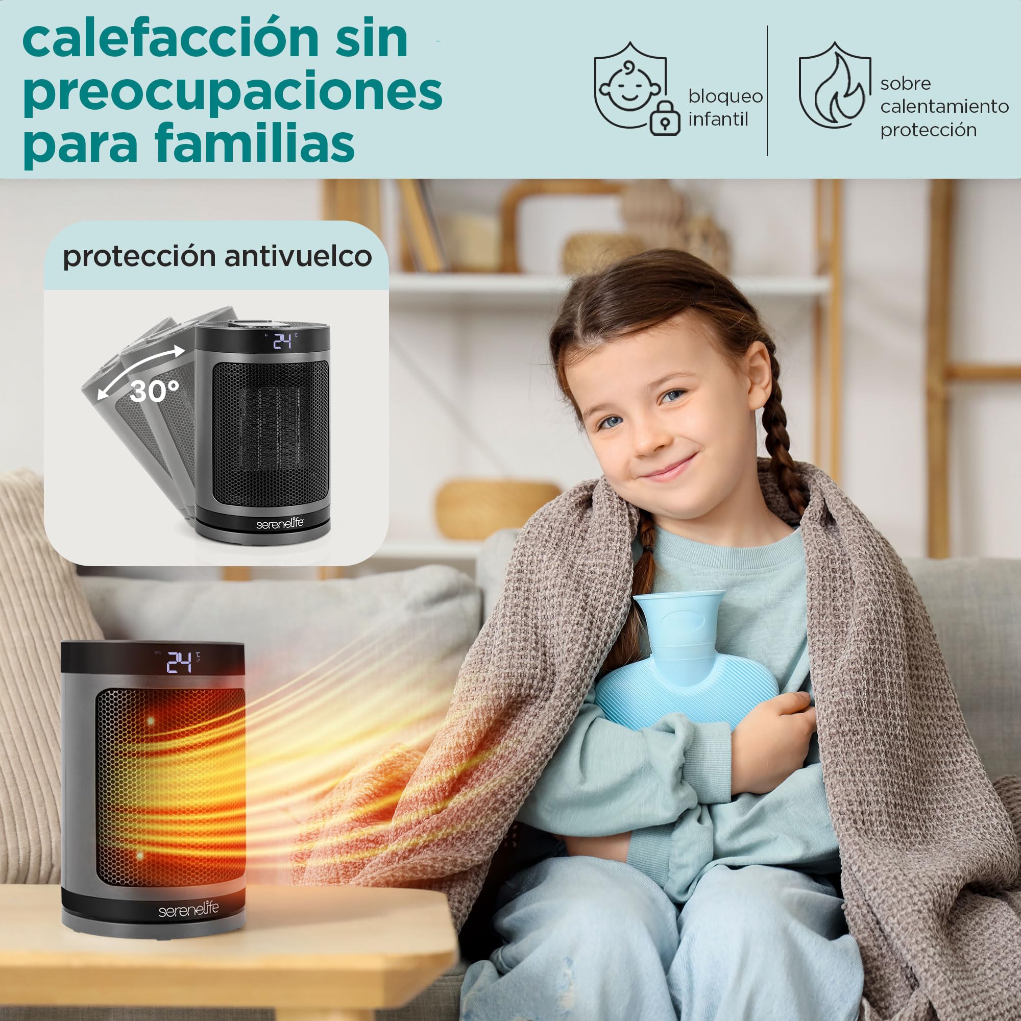 SereneLife Termoventilatore e Stufetta Elettrica da Bagno, 1500 Watt PTC Ceramico Wi-Fi Telecomando Timer 12 h 15 x 15 x 24 cm, Casa e Ufficio, Grigio, Capacità Flusso Aria Elevata, SLSPCHTRW3GY