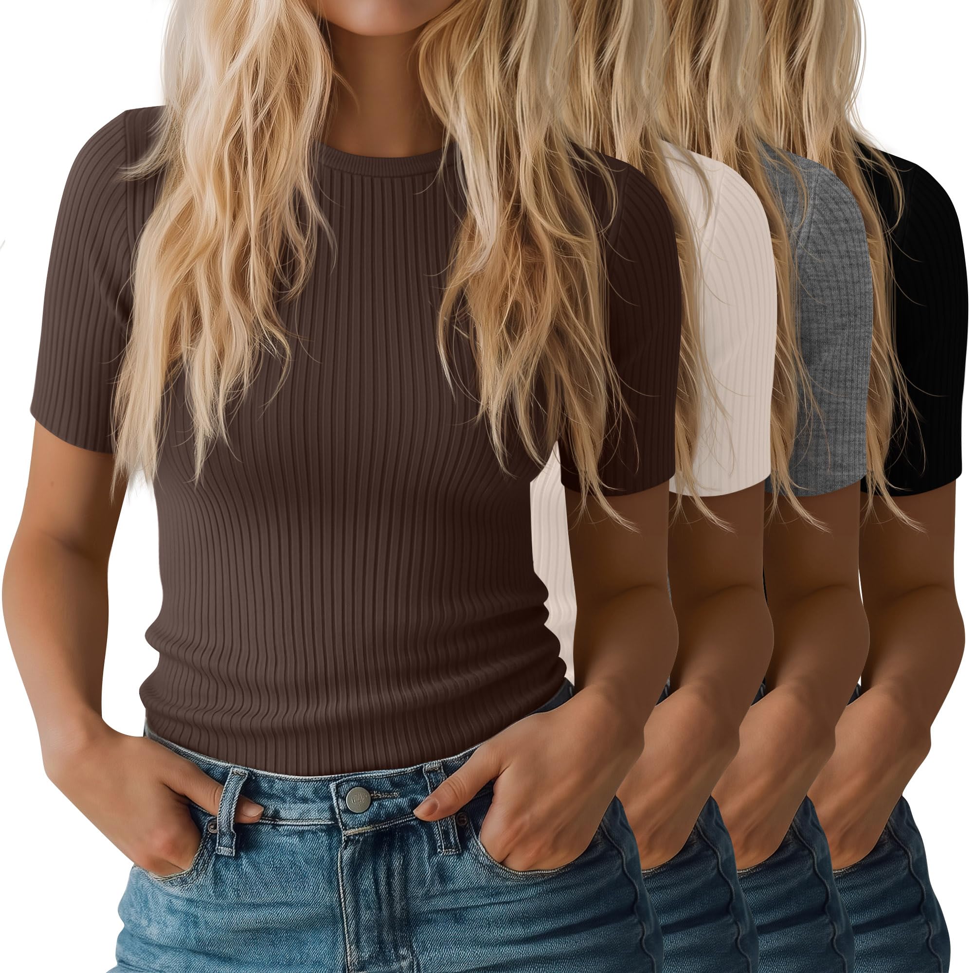 Neer 4 Pack Womens Ribbed T-Shirts Cotton Short Sleeve Fitted Basic Tops Crew Neck Casual Shirts Summer Trendy