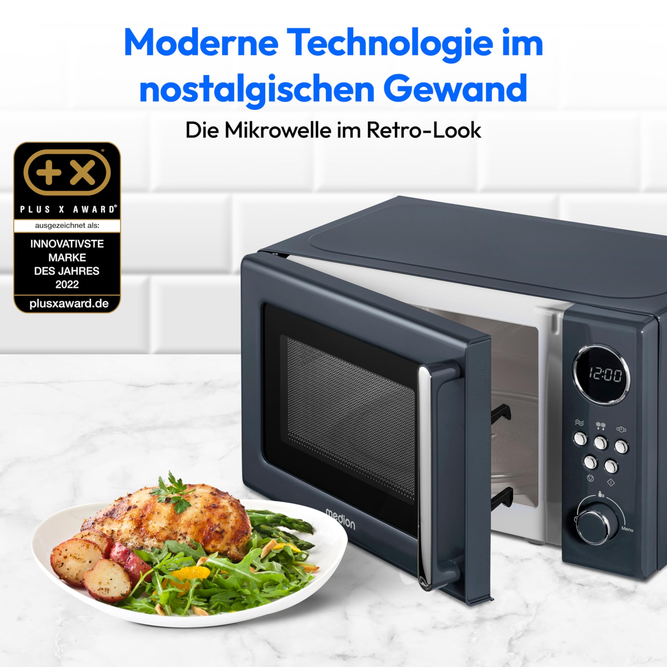 MEDION Retro mała kuchenka mikrofalowa (20 litrów, ok. 800 W, 5 poziomów kuchenki mikrofalowej, 8 automatycznych programów, cyfrowy wyświetlacz, funkcja rozmrażania, kompaktowa, MD15000), szara