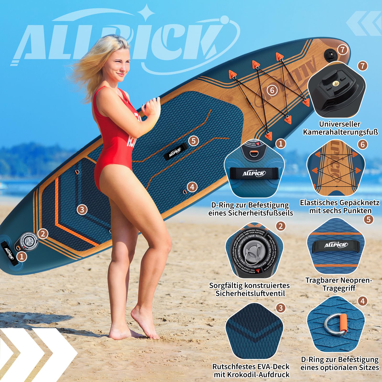 ALLPICK Sup Gonfiabile, Stand Up Paddle Board Gonfiabile, Con Supporto Universale per Fotocamera, Accessori Completi, Tavola da Sup Surf, Principianti e Avanzati, 150kg/180kg