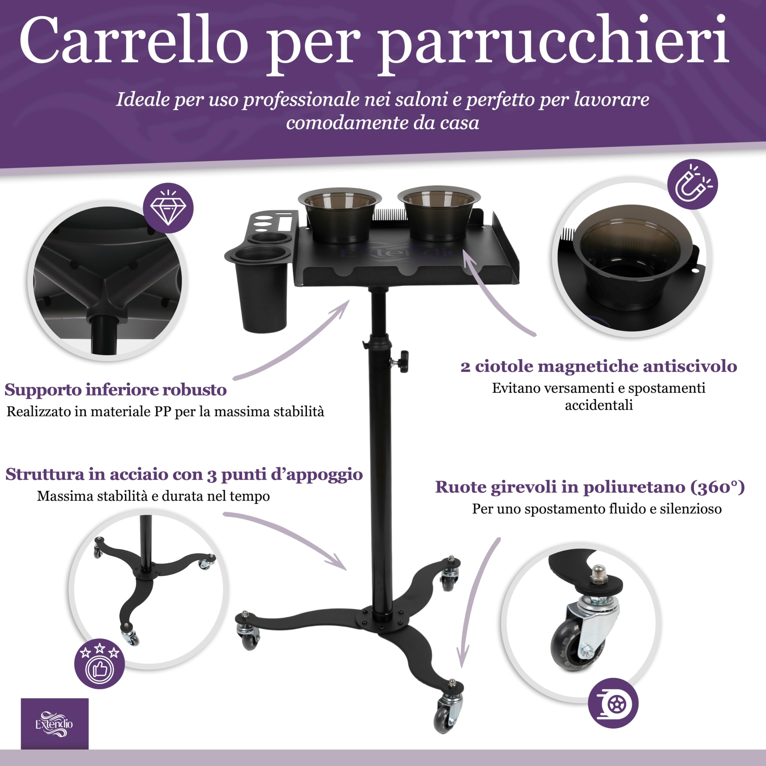 Carrello professionale per parrucchieri – mobile, regolabile in altezza e resistente al calore | Ciotole magnetiche e supporto pettine per extension – Perfetto per saloni e parrucchieri a domicilio