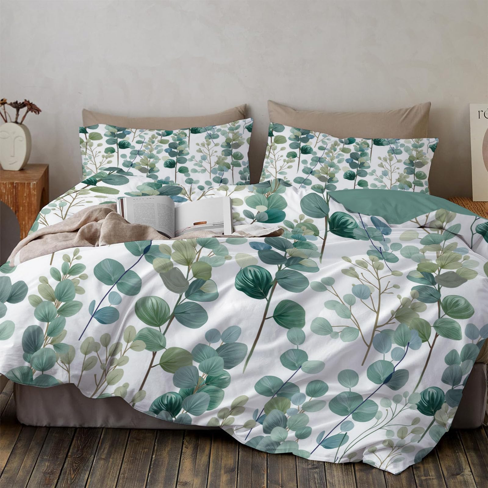 Housse de couette 140x200cm réversible en microfibre douce motif eucalyptus aquarelle
