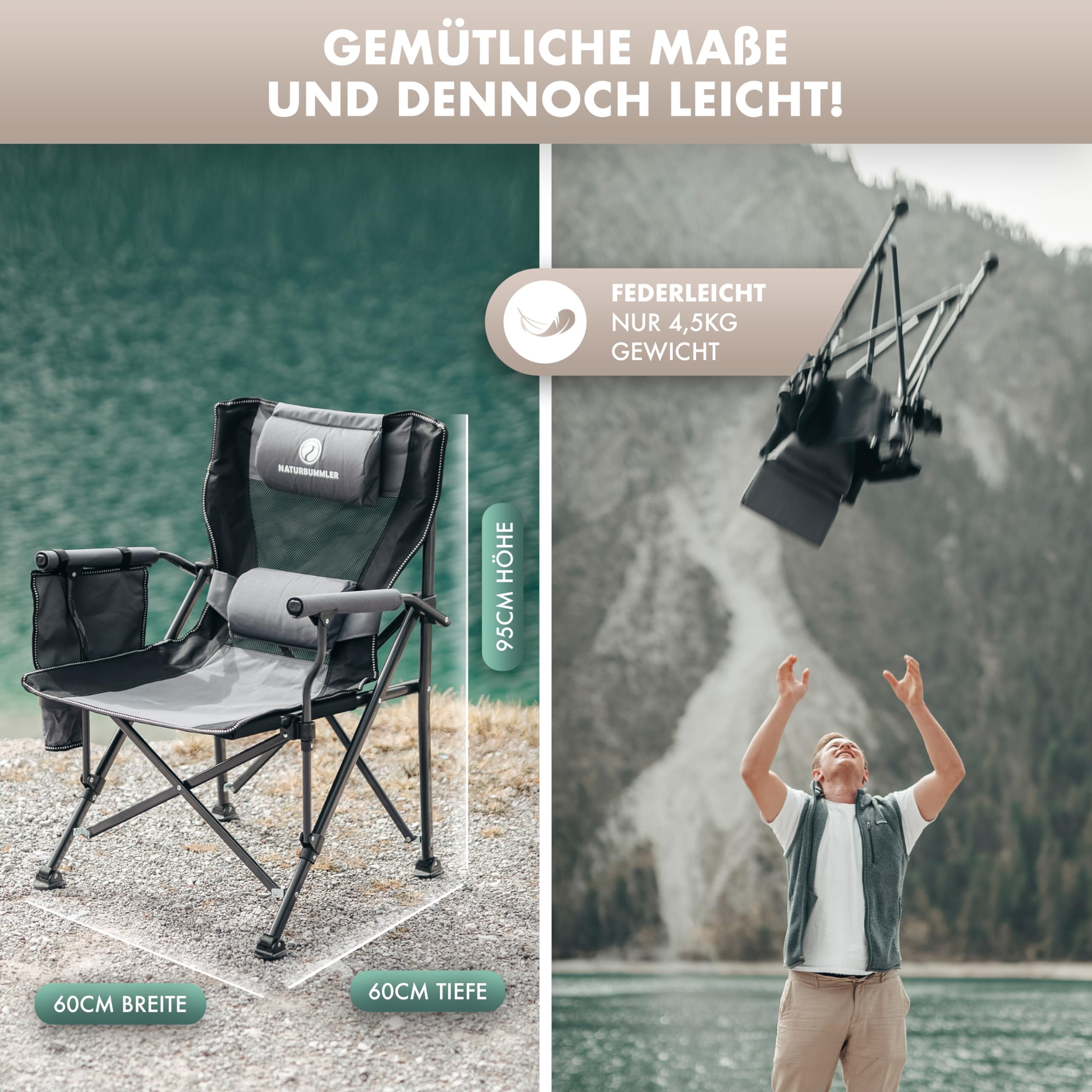 NATURBUMMLER Faltbarer Campingstuhl [Cloud Sit+] mit atmungsaktivem Netzgewebe & hoher Rückenlehne – 150 kg belastbar – Bequemer Campingsessel für Garten, Camping, Angeln & Outdoor