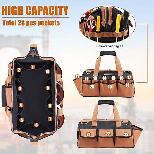 Miniatura 2 de Bolsa de herramientas de 16 pulgadas con 24 bolsillos de boca ancha para trabajadores de la construcción, electricistas, bolsa organizadora de