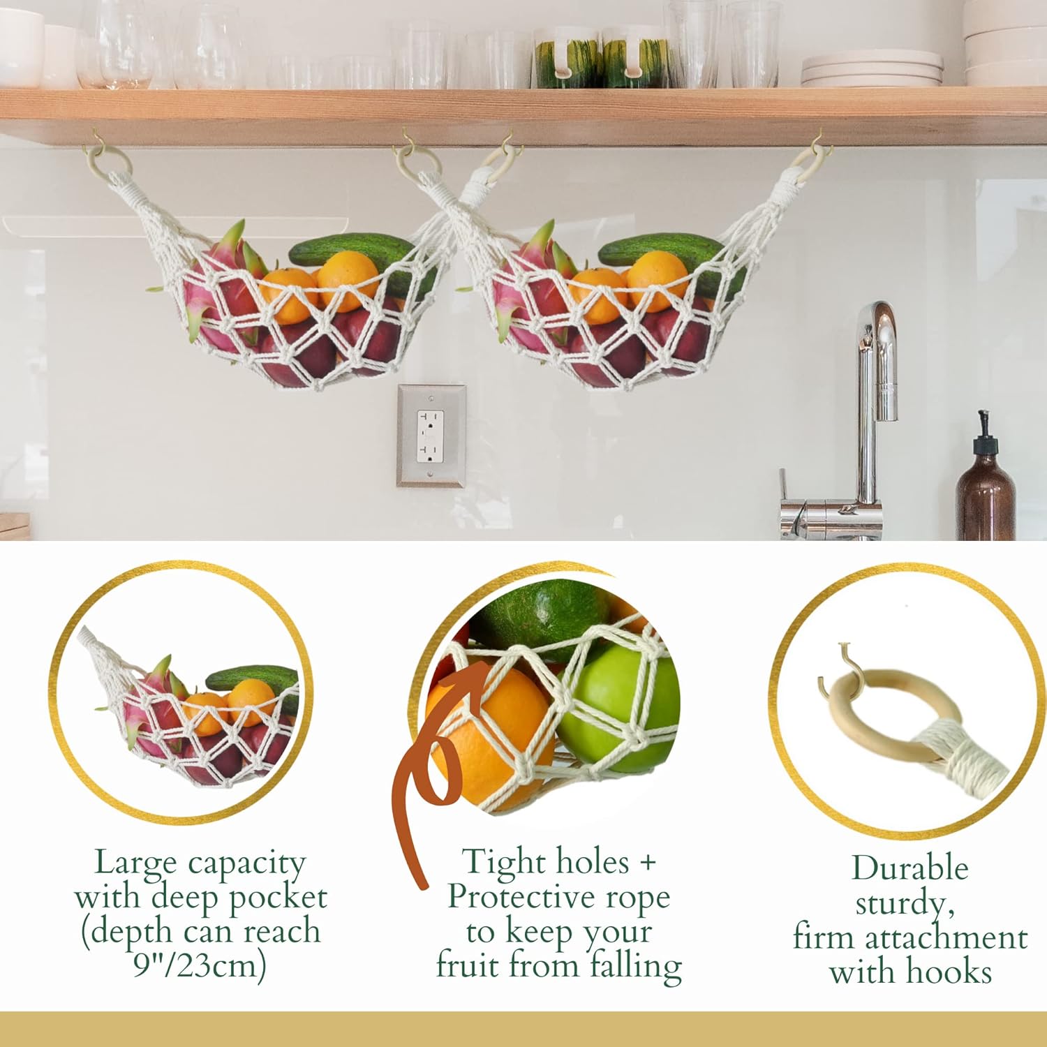 2 Sets of Macrame Hanging Fruit Hammock, Hanging Fruit Basket Under the Kitchen Cabinet with Hooks (All Handwoven) for Banana, Produce, Vegetables or Fruit Storage (Ivory) 7 81VeMDnDq L. AC SL1500