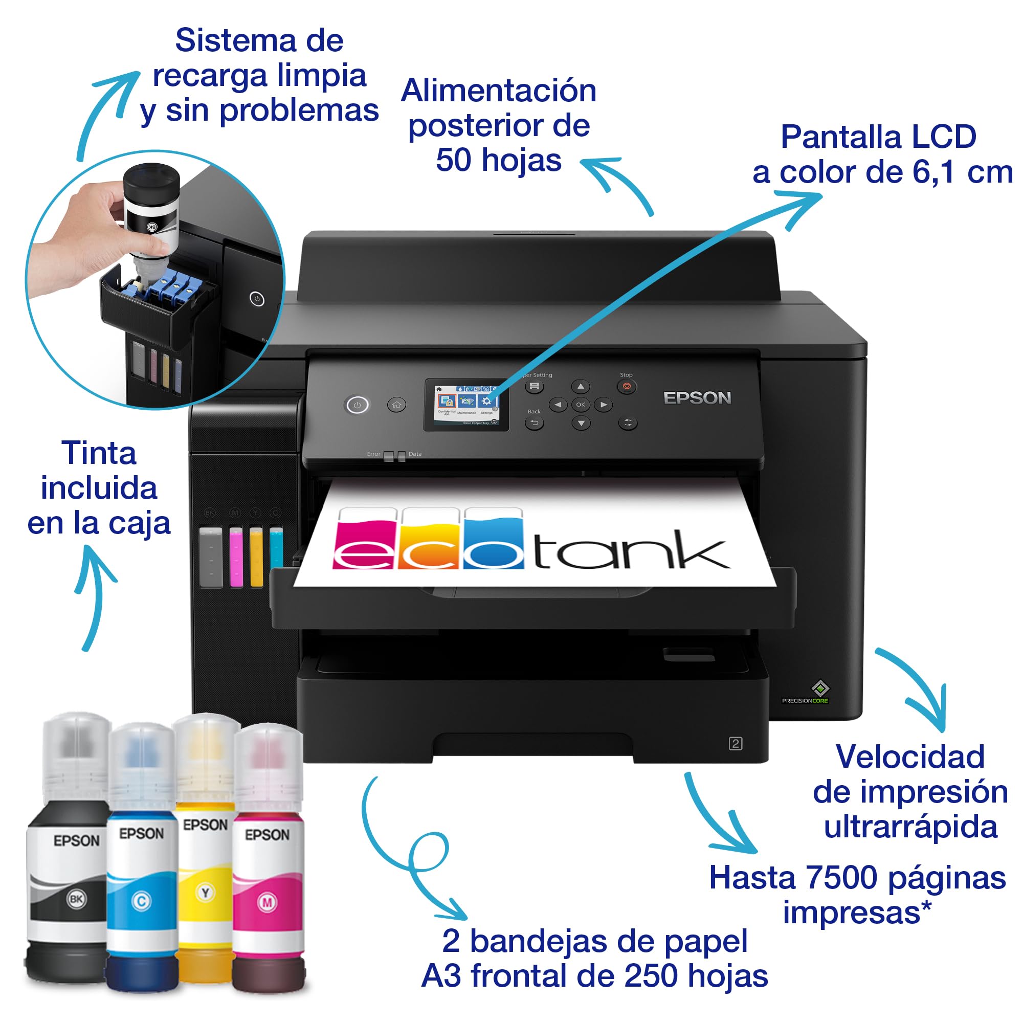 Epson EcoTank ET-16150 Impresora de Depósito de Tinta | para Pequeña Oficinas y Pymes | Wi-Fi | A3+ | Imprime a Doble Cara | Pantalla LCD 6,1cm | Tinta Incluida para 3 Años