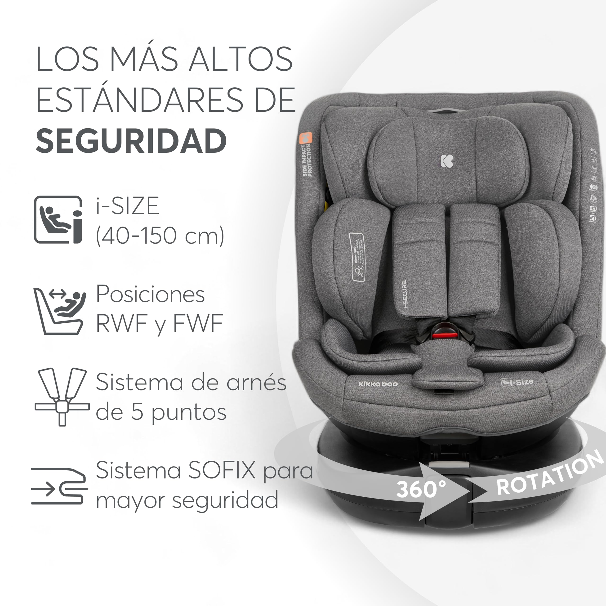 KikkaBoo Silla Coche Bebe Grupo 0 1 2 3 ISOFIX (0-36 kg) i-SECURE, Giratoria 360°, Reclinable, Protección SPS i-Size, Lateral, Arnés de 5 Puntos, 12 Posiciones Reposacabezas, Gris Claro