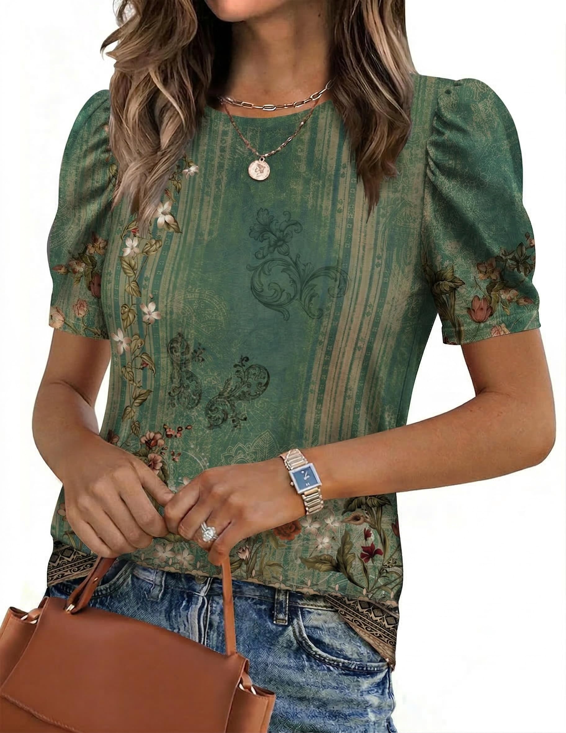 Zeagoo Tshirt Damen Tops Sommer Rundhals Oberteile Elegant Puffärmel Bluse Kurzarm Shirt Casual Outfit