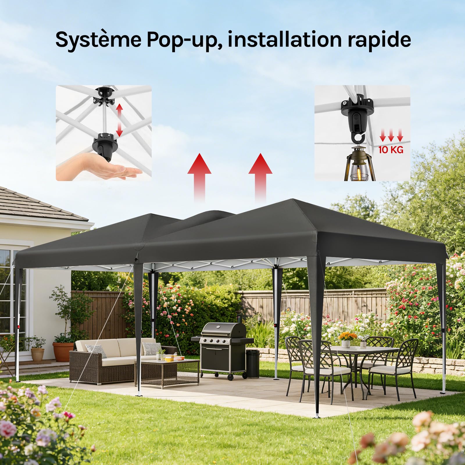 WOLTU Pavillon de Jardin 3x6m Pop up Barnum Pliant avec 6 parois Gris