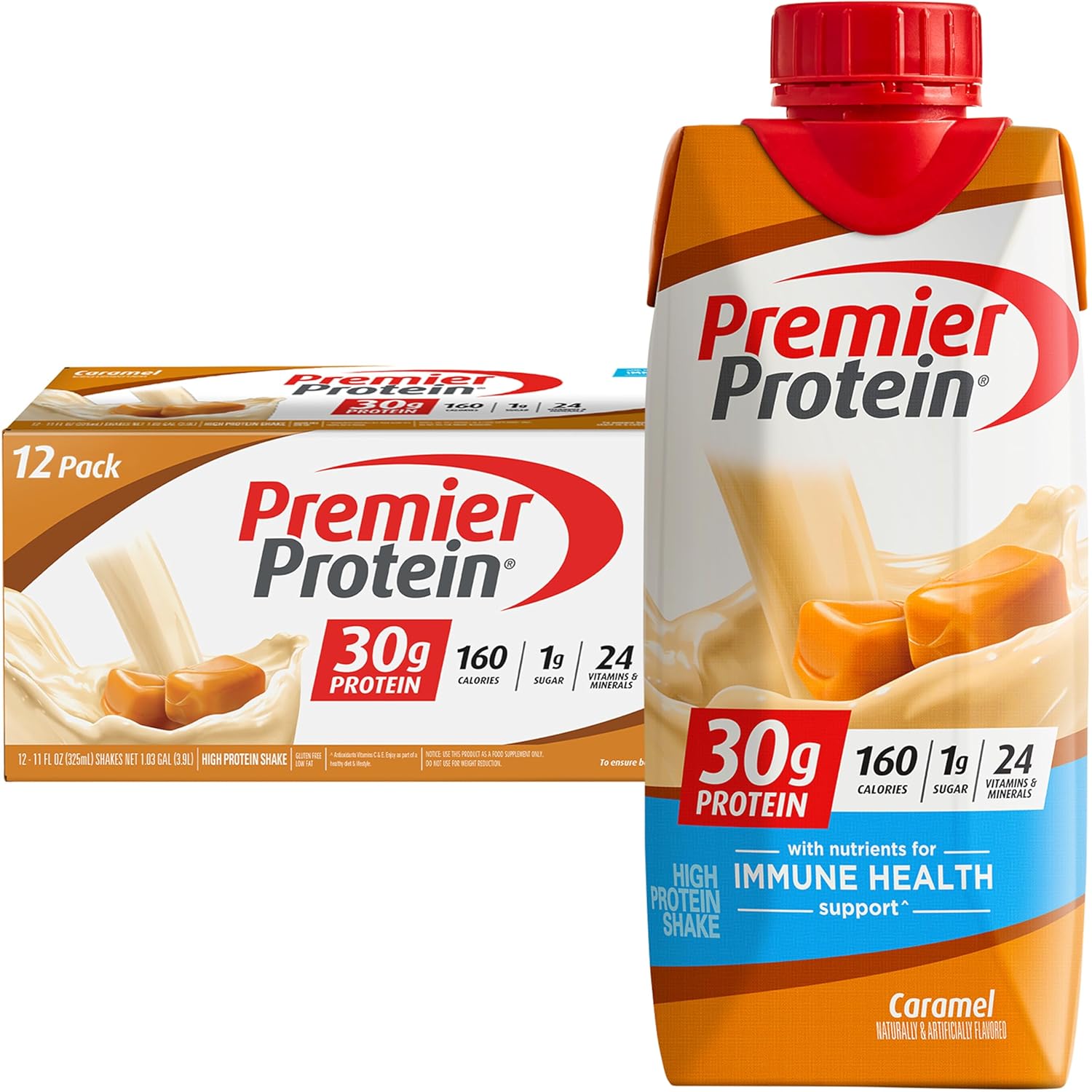 Premier Protein Shake, Caramel, 30g Protein, 1g Sugar, 24 Nutritents & Minerals to Support Immune Health, 11 Fl oz, Pack of 12 Caramel 11 Fl Oz (Pack of 12)