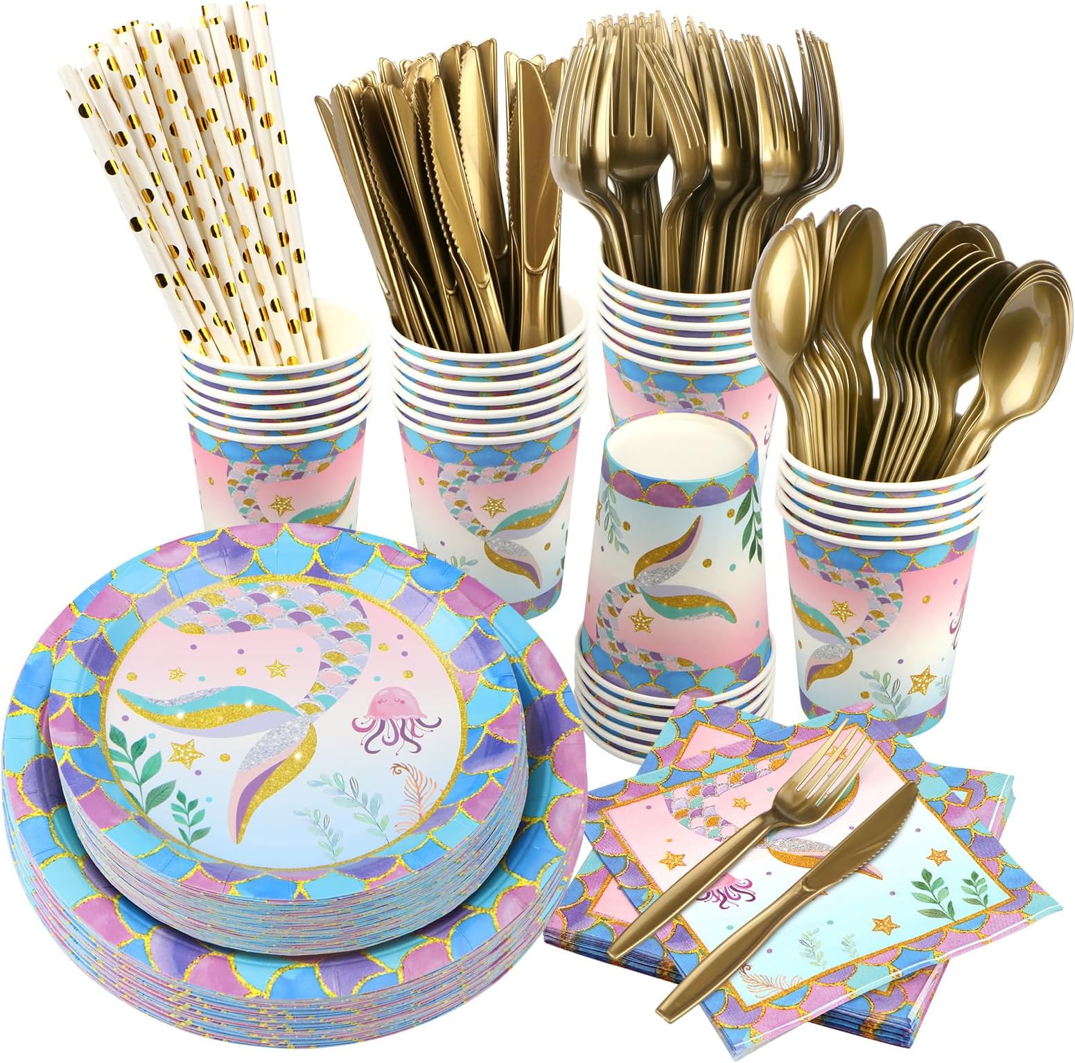URbazaar 200 Pcs Mermaid Birthday Party Supplies, Serves 25 Plates, Napkins, Cups, Plastic Knives, Forks, Spoons,Straws for Girls Birthday Parties, Mermaid Theme Disposable Party Supplies Set