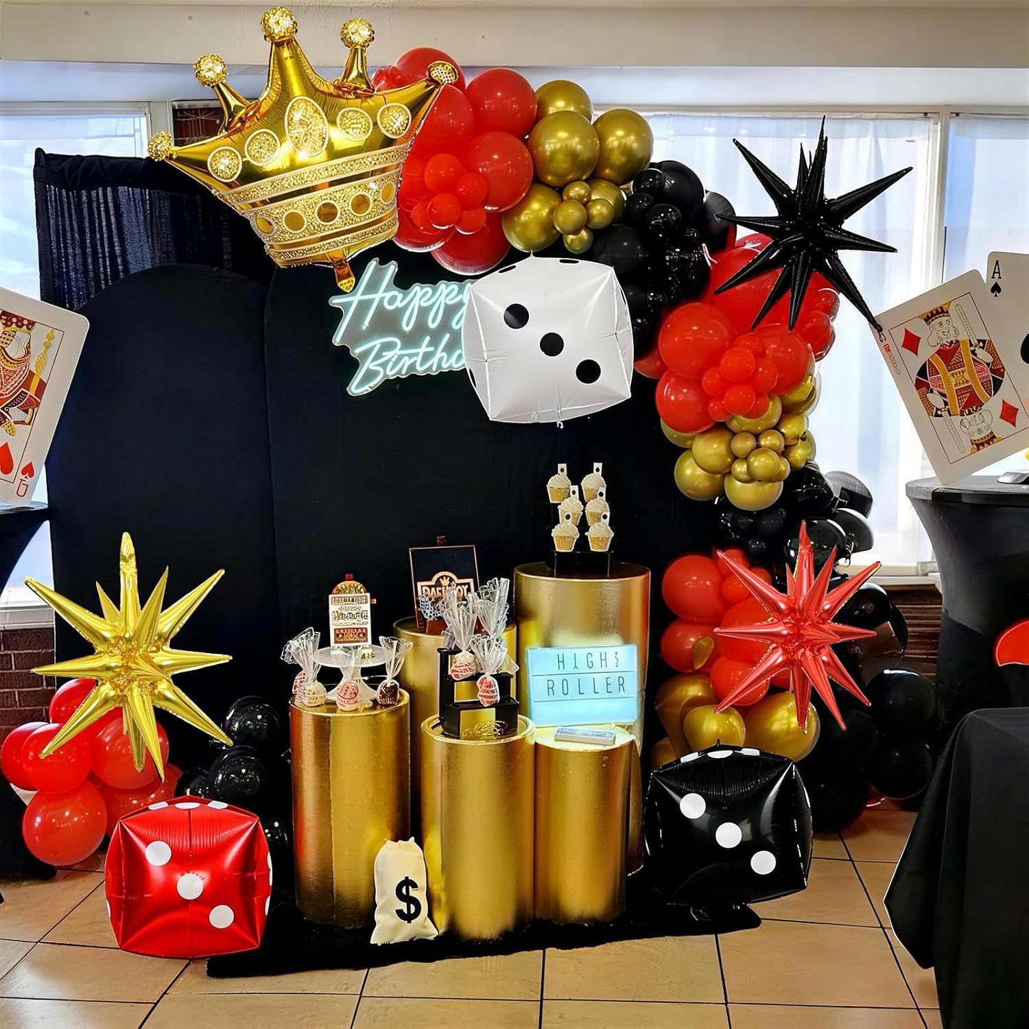 Casino Theme Party Decorations Set, 7 Pcs Large Dice and Crown Star Foil Balloons, Red Black Gold Dice Crown Spike Cone Balloons for Las Vegas Poker Game Night Magic Show Birthday Prom Party Supplies