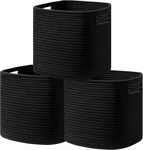 UBBCARE Juego de 3 cestas de cuerda de algodón de 13 x 13 x 13 pulgadas, cestas de almacenamiento tejidas para estantes, organización con asas,