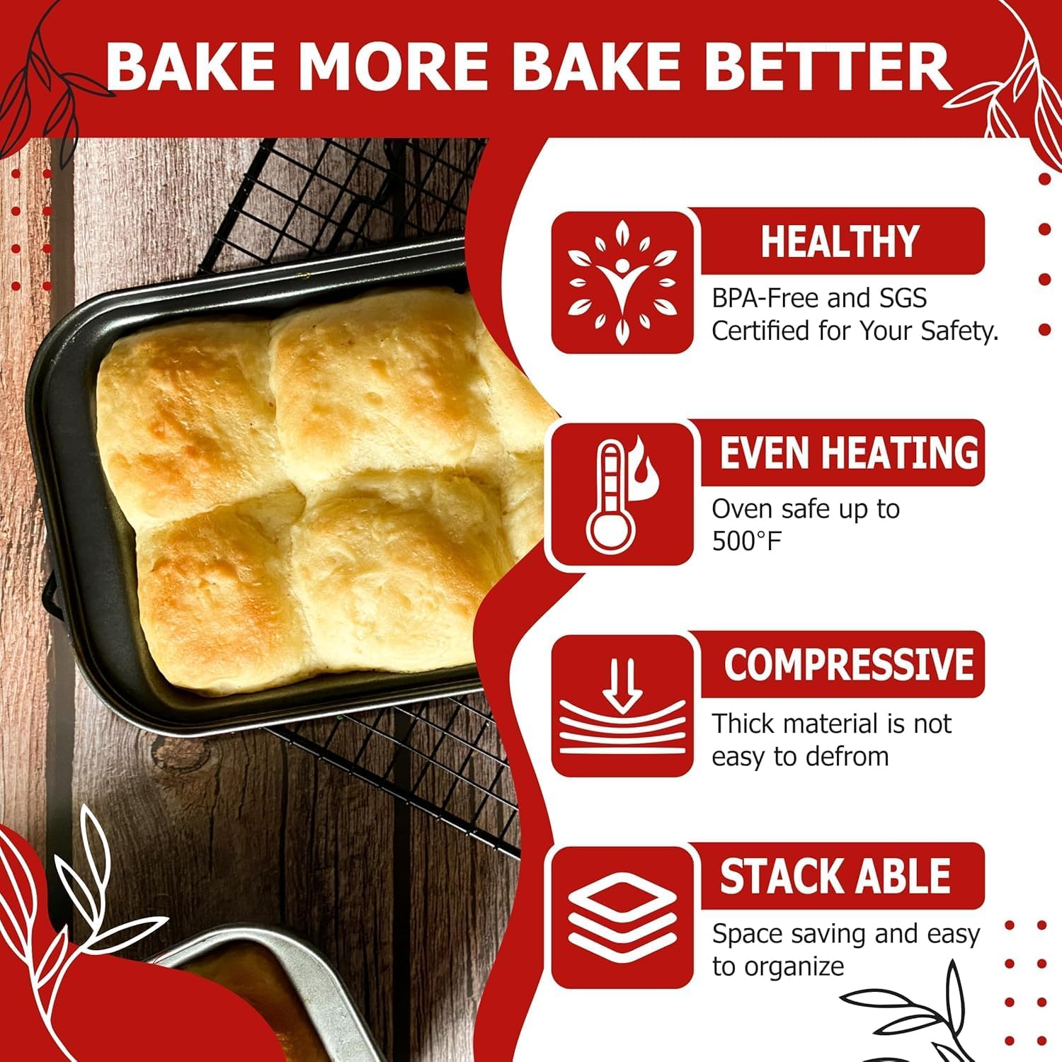 2 Piece Heavy Duty Carbon Steel Rectangular Bread Loaf Cake Mould Pan Tray for Baking Non Sticky Tin Teflon Coating-25.5 cm * 13cm * 6cm (2) 3