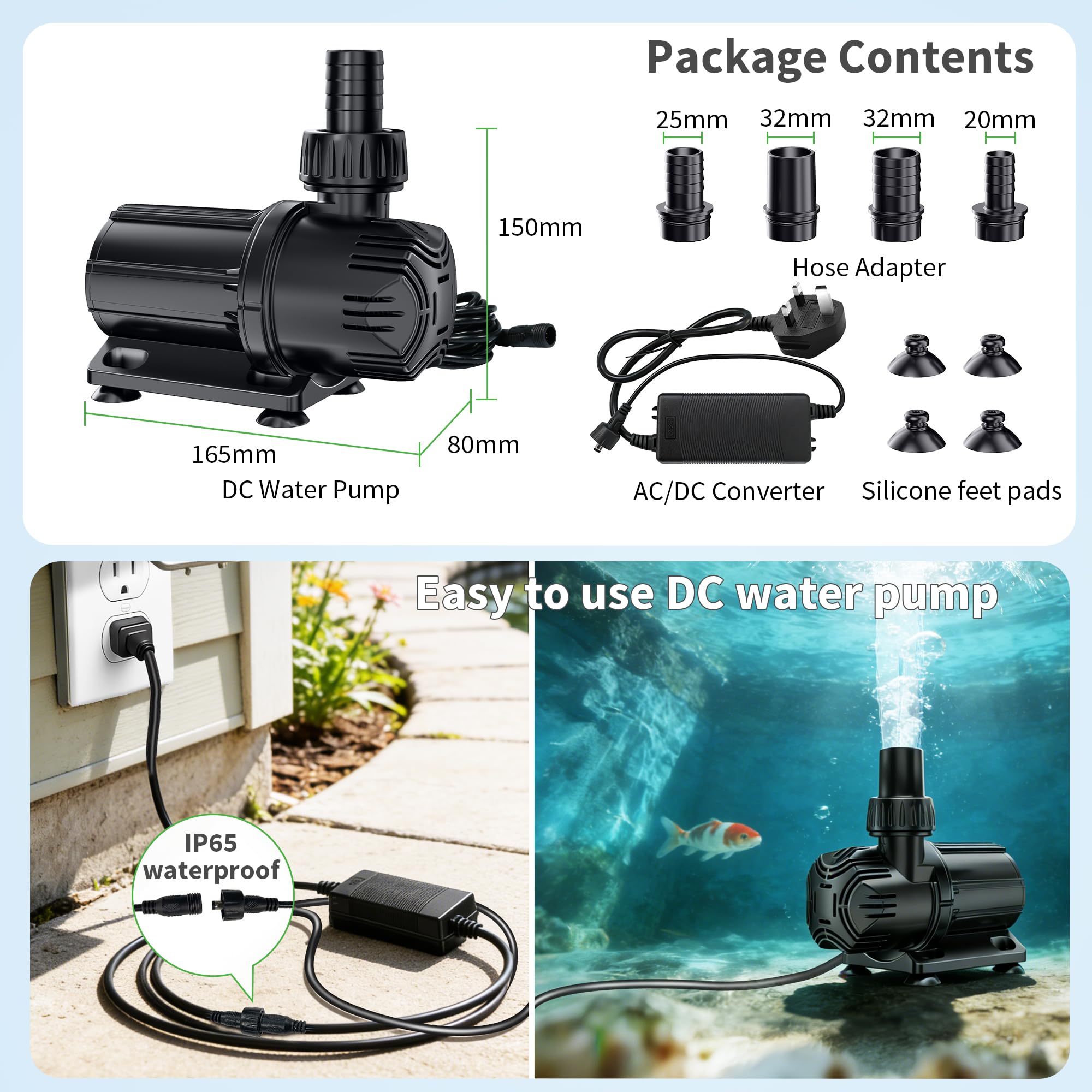 POPOSOAP DC-Teichpumpe 4600 L/h, 24V Niederspannung Tauchpumpe mit AC/DC-Wandler, Geräuscharm, 4 Schlauchadapter für Gartenteiche, Aquarien, Brunnen und Wasserspielereien